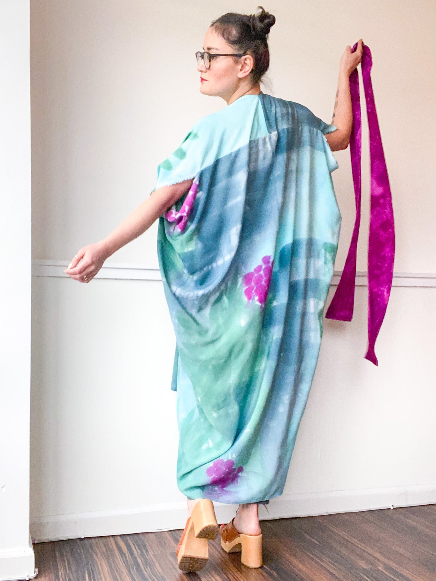 Limited Edition Hand-Dyed High Low Kimono Amethyst Teal Green