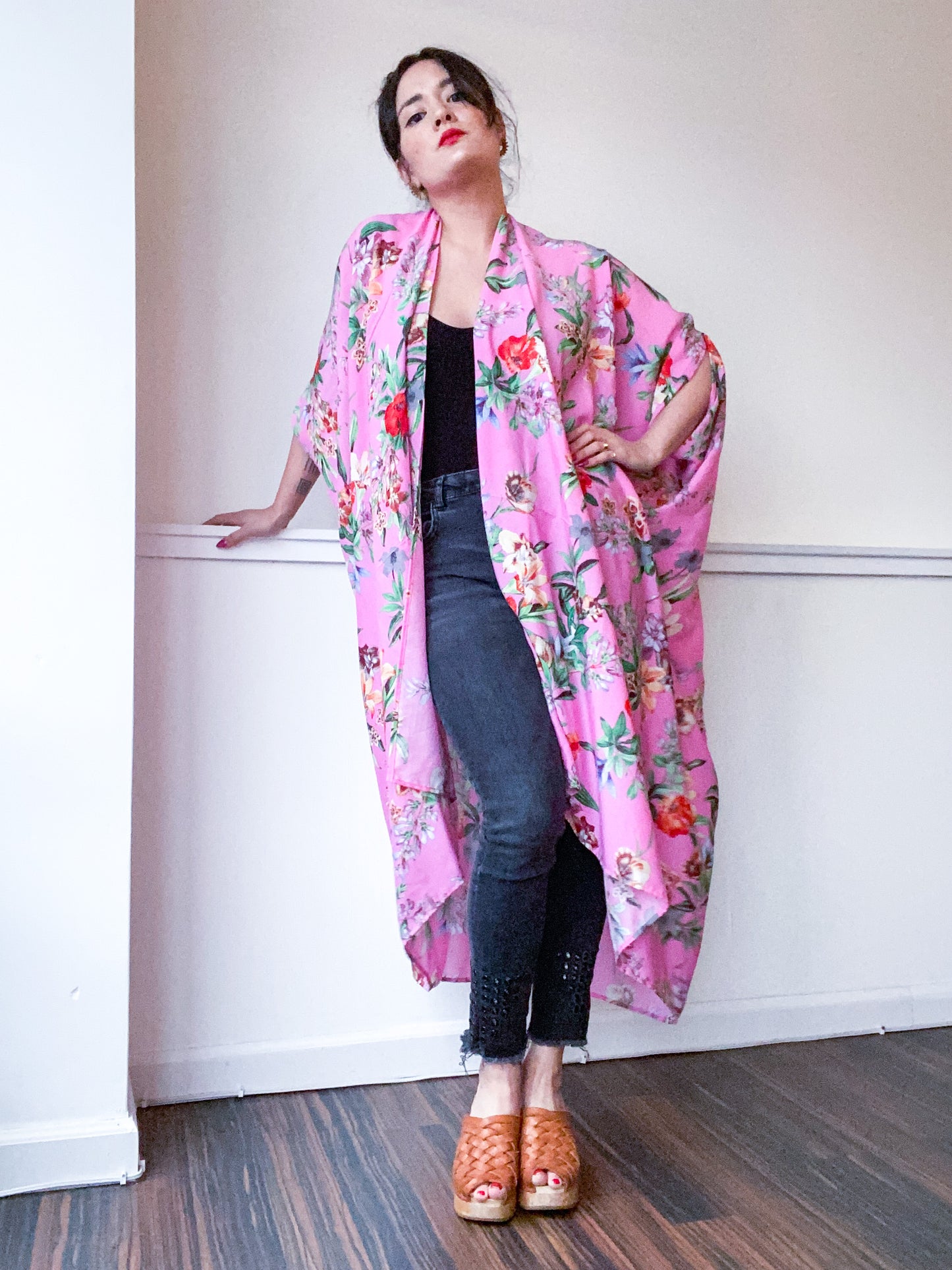 Print High Low Kimono Pink Tropical