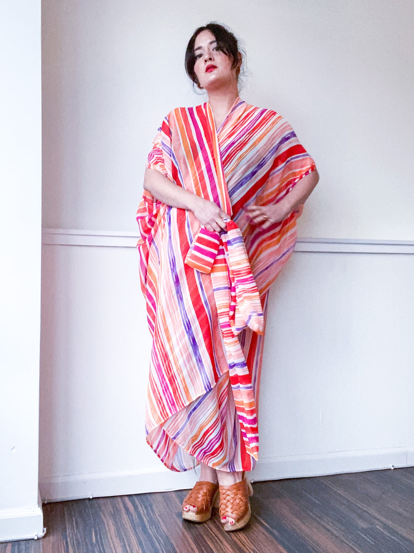 Print High Low Kimono Stripes Chiffon