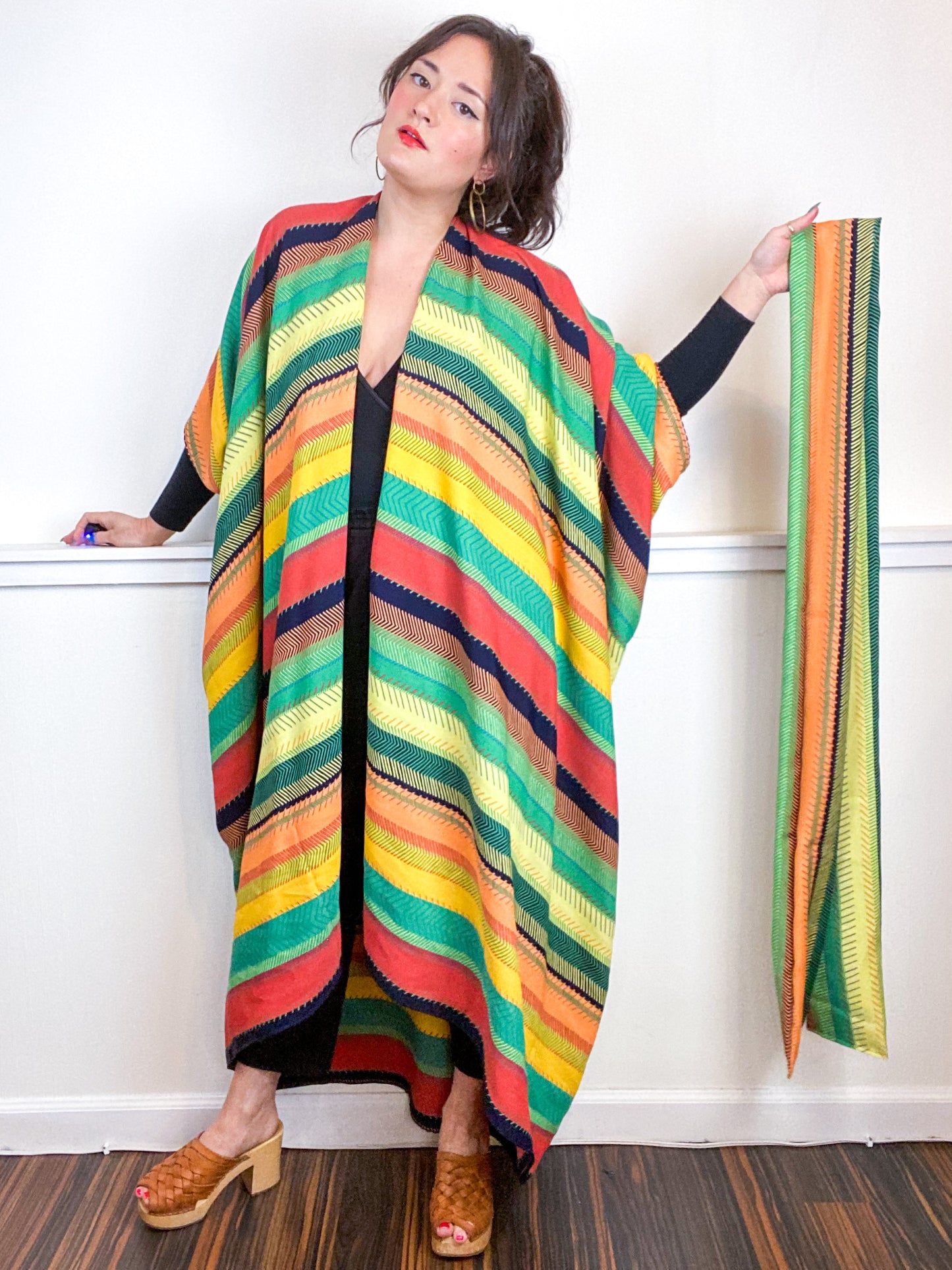 Print High Low Kimono Stitch Stripe Crepe De Chine