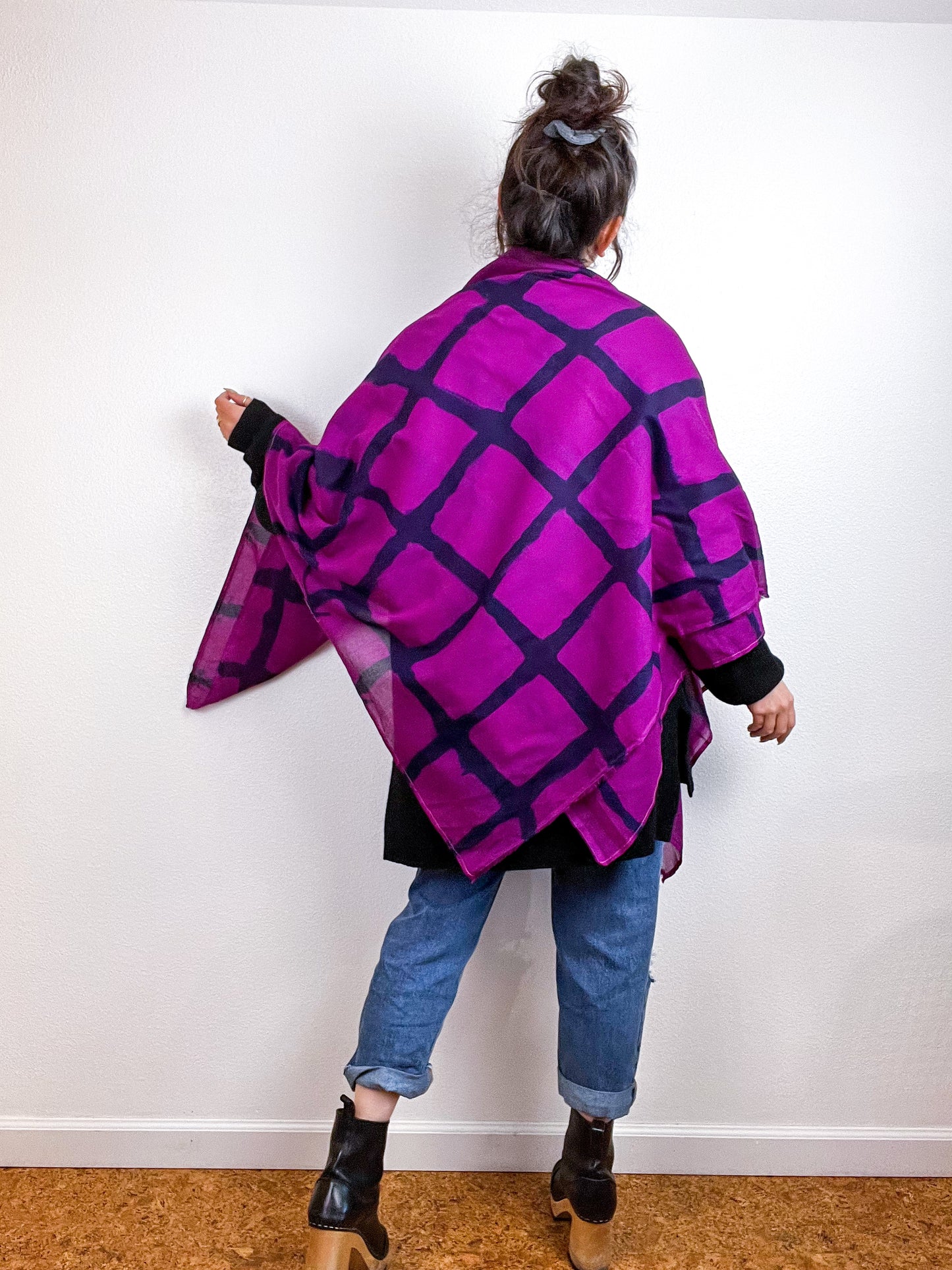 Hand-Dyed Cotton Voile Scarf Violet Black Windowpane