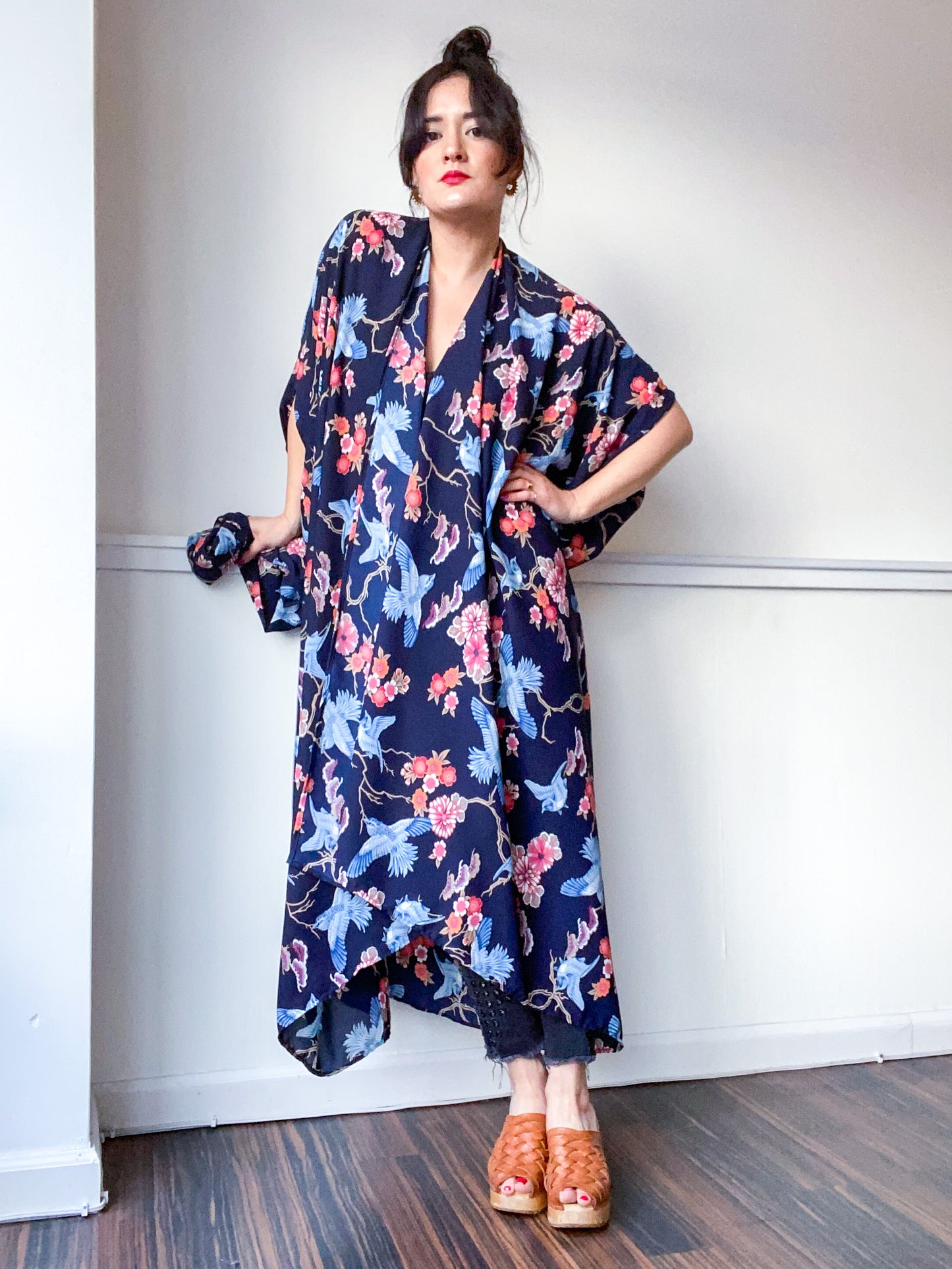 Print High Low Kimono Birds and Branches