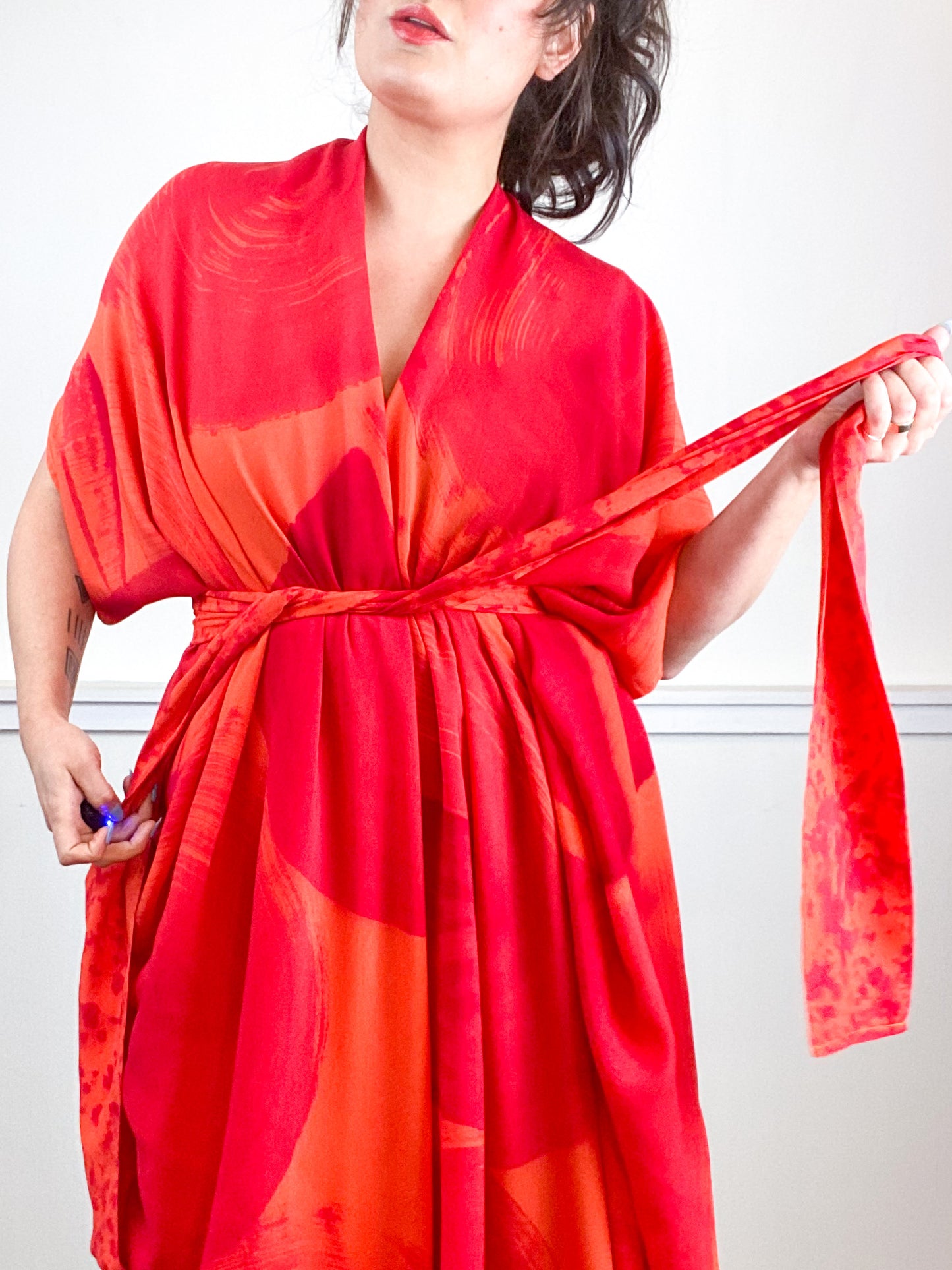 Hand-Dyed High Low Kimono Tangerine Fuchsia Brushstroke