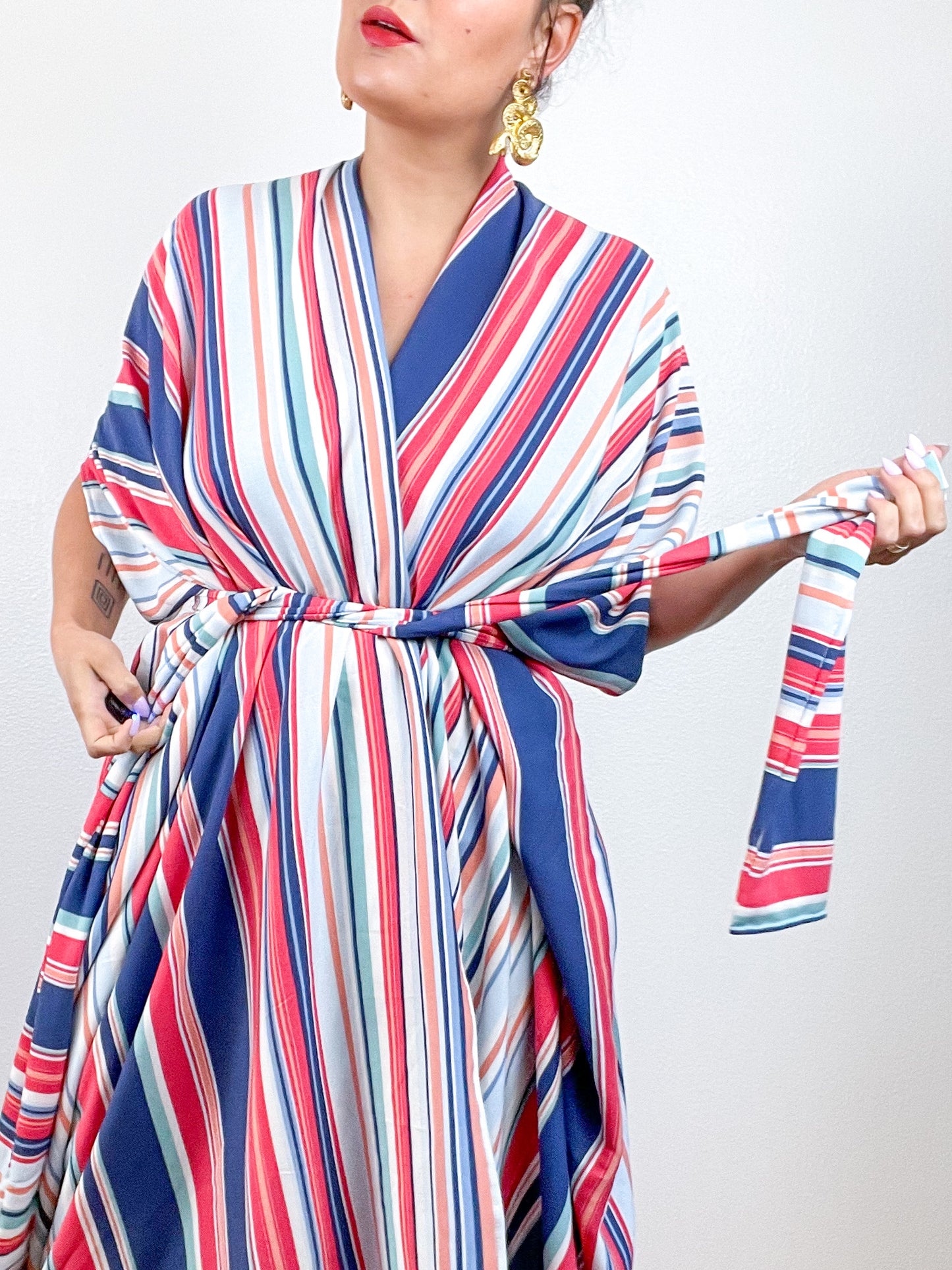 Print High Low Kimono Pastel Stripes Rayon Crepe