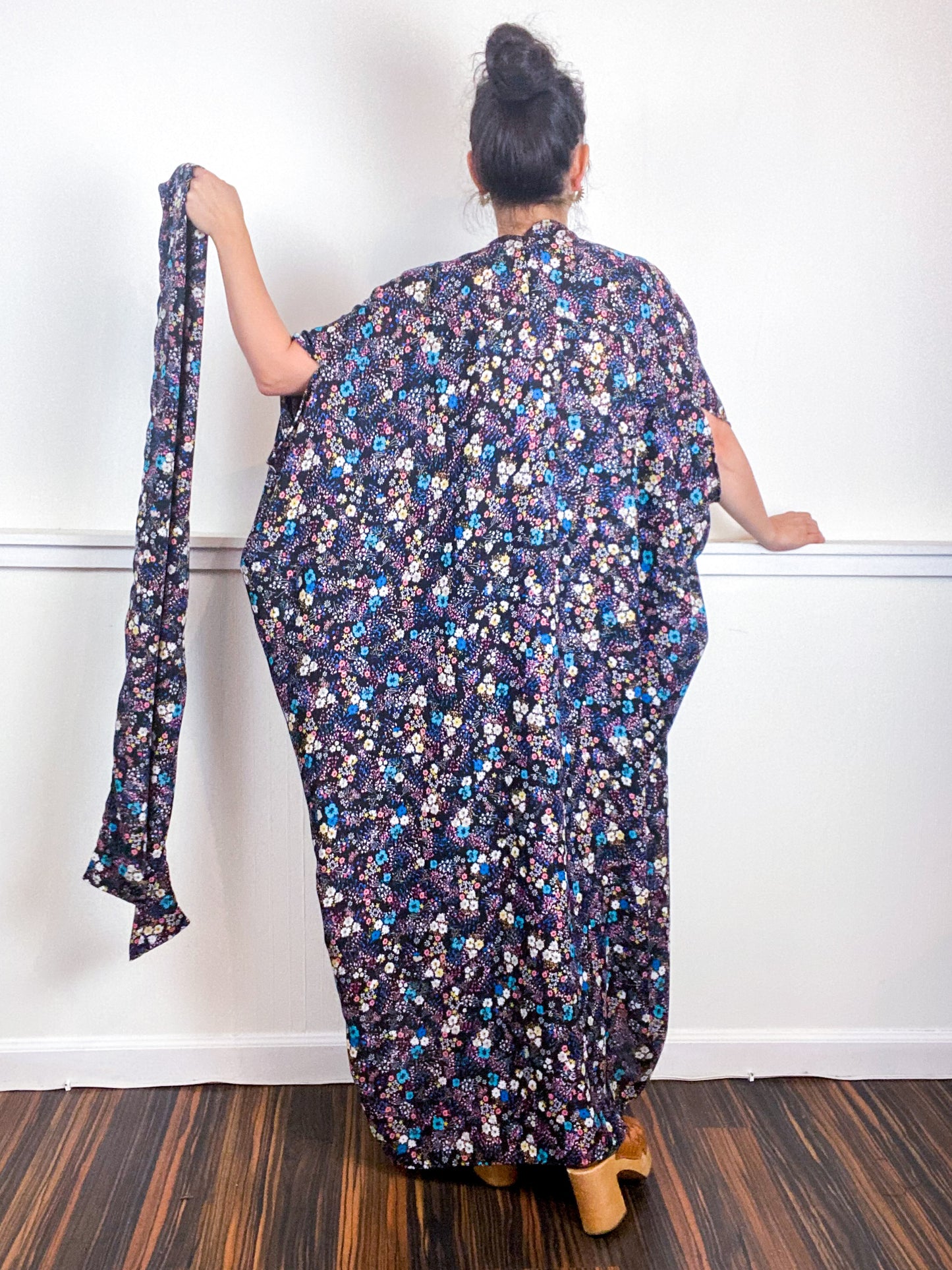 Print High Low Kimono Mini Aqua Pink Black Floral Georgette