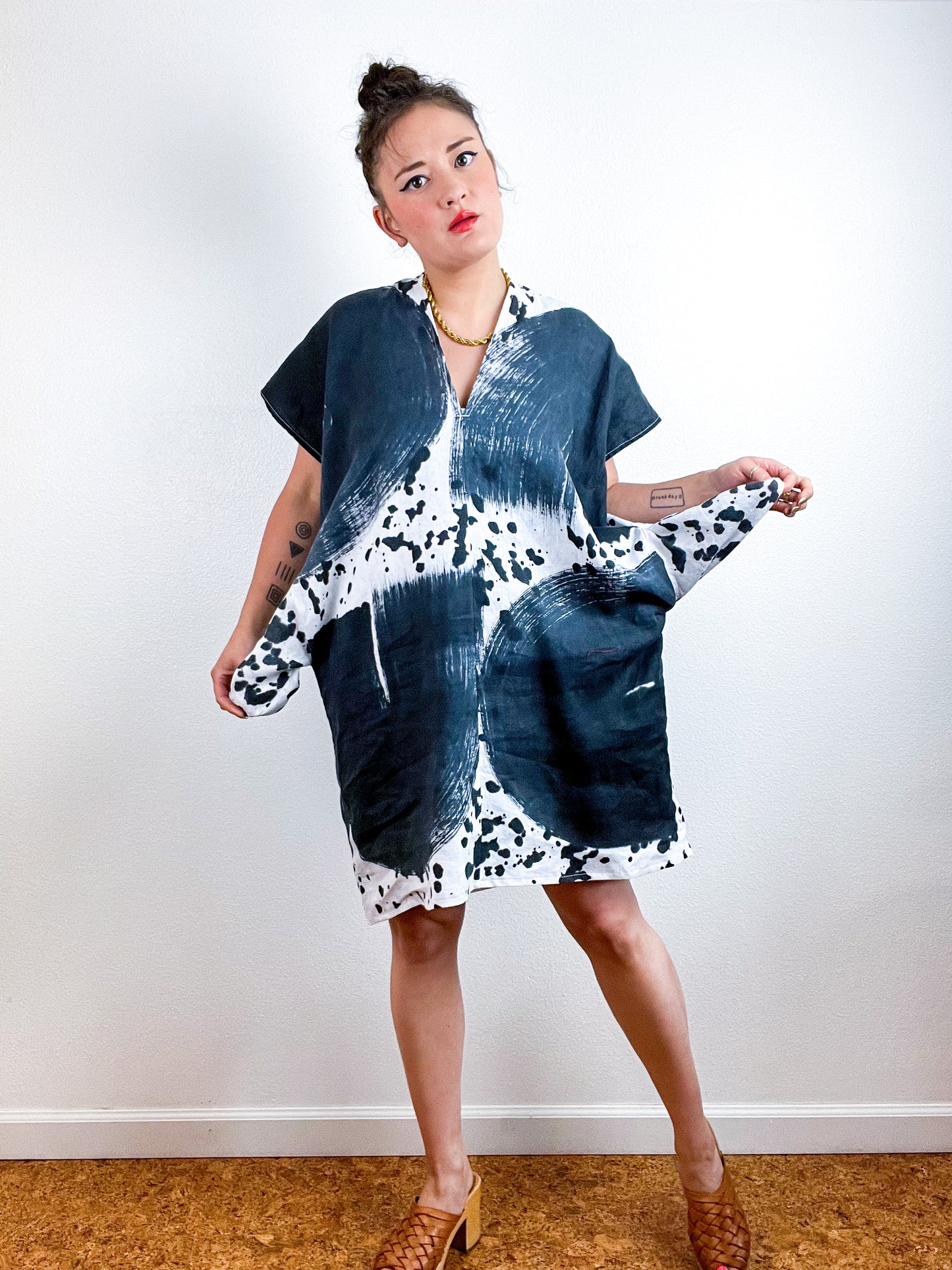 Hand-Dyed Linen Mini Smock Dress Black Brush Drip