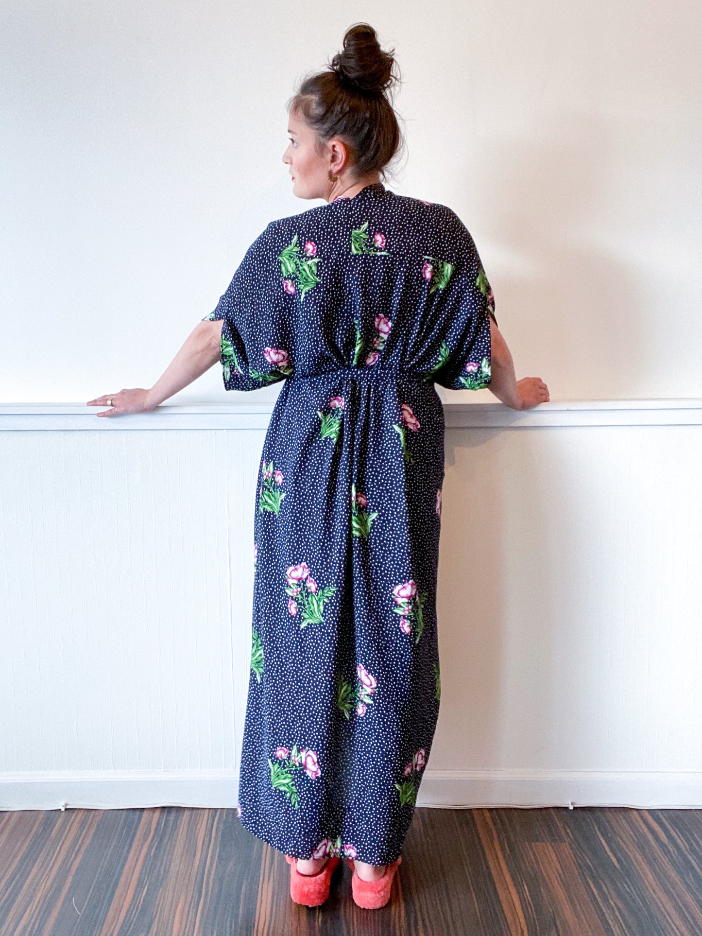 Print High Low Kimono Navy Dots and Floral Bubble Crepe