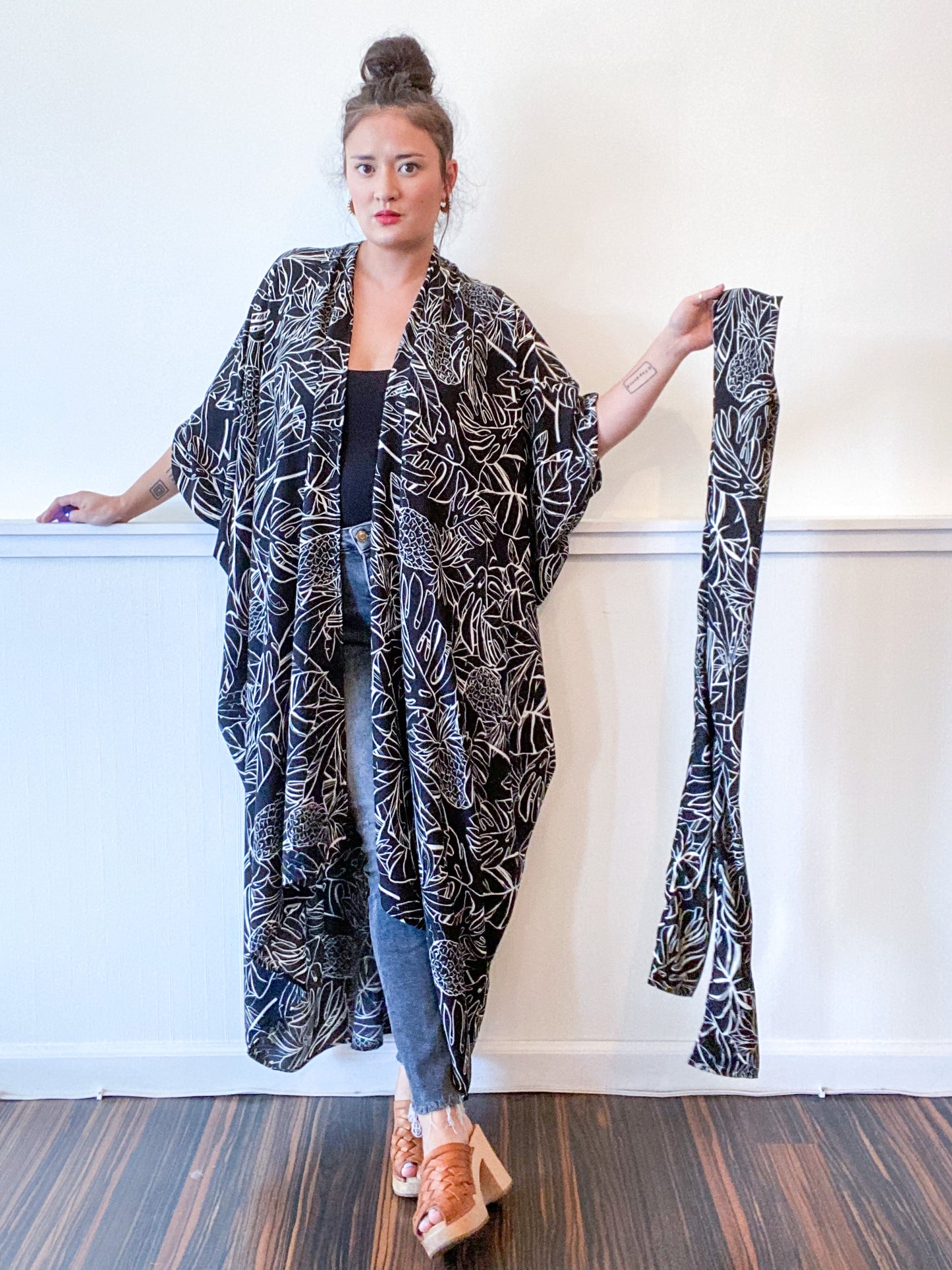 Print High Low Kimono Black Pineapple Tropical Heavy Crepe