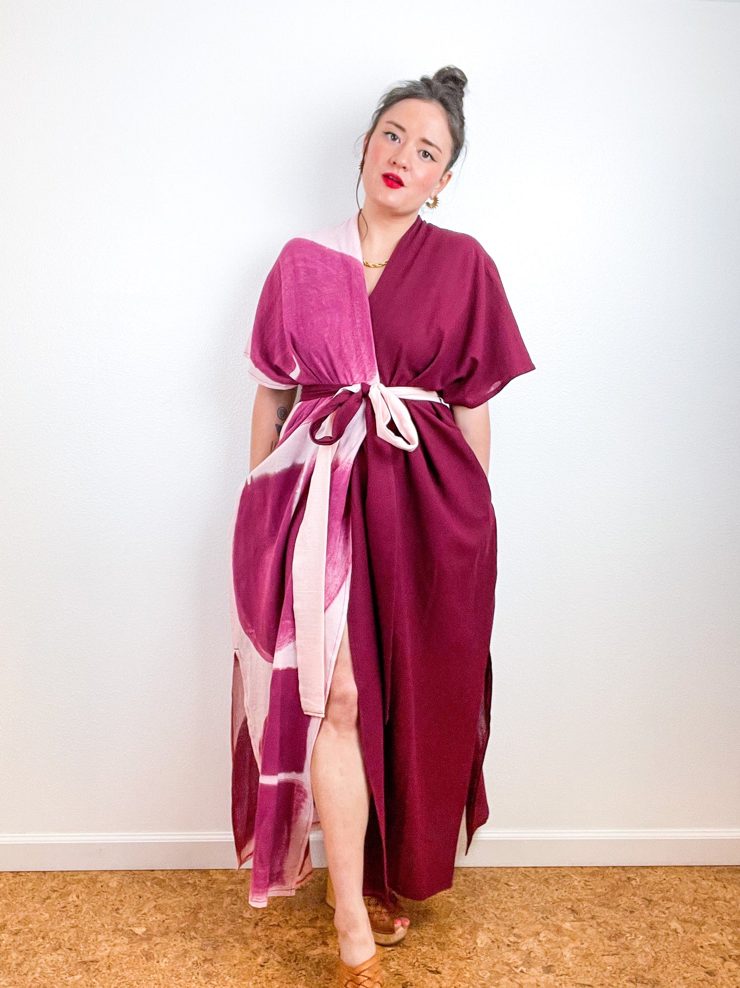 Single Gauze Duster Kimono Maroon Blush Brushstrokes