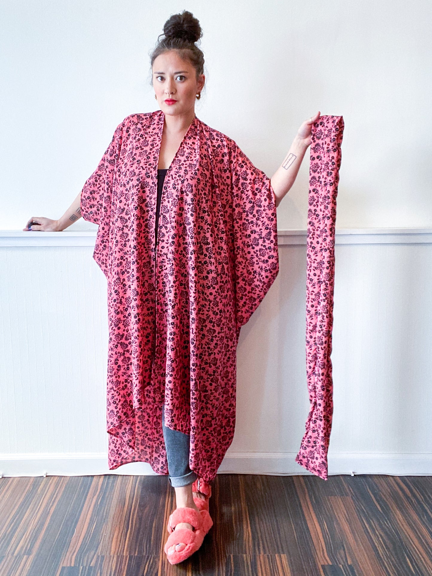 Print High Low Kimono Hot Pink Black Mini Floral Crepe de Chine