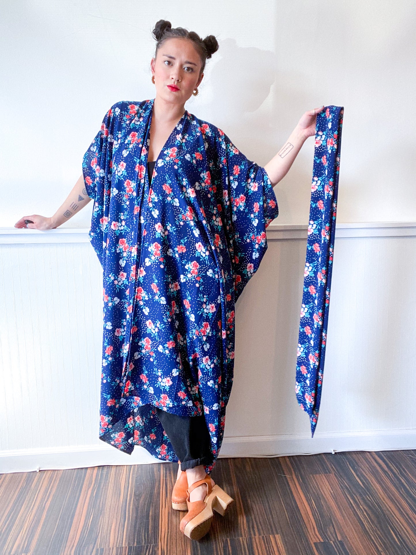 High Low Kimono Navy Coral Floral Bubble Crepe