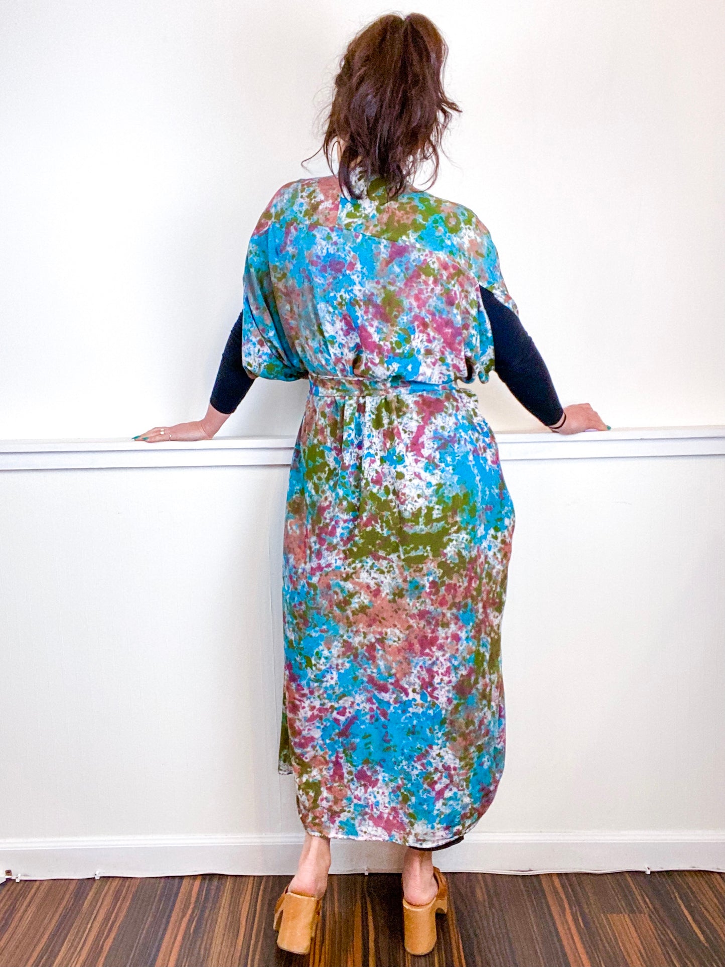 Hand-Dyed High Low Kimono Terracotta Moss Teal Maroon Speckle