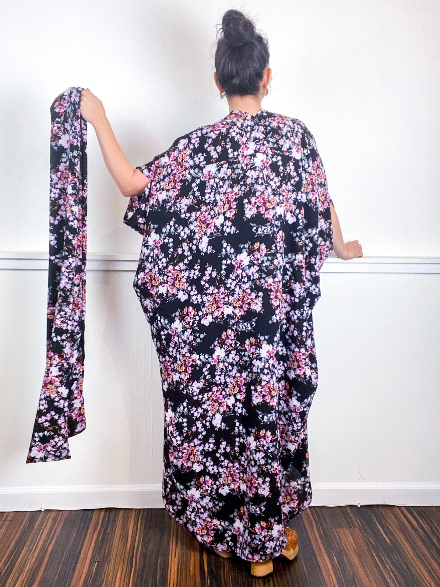 Print High Low Kimono Black Purple Wildflower Bubble Crepe