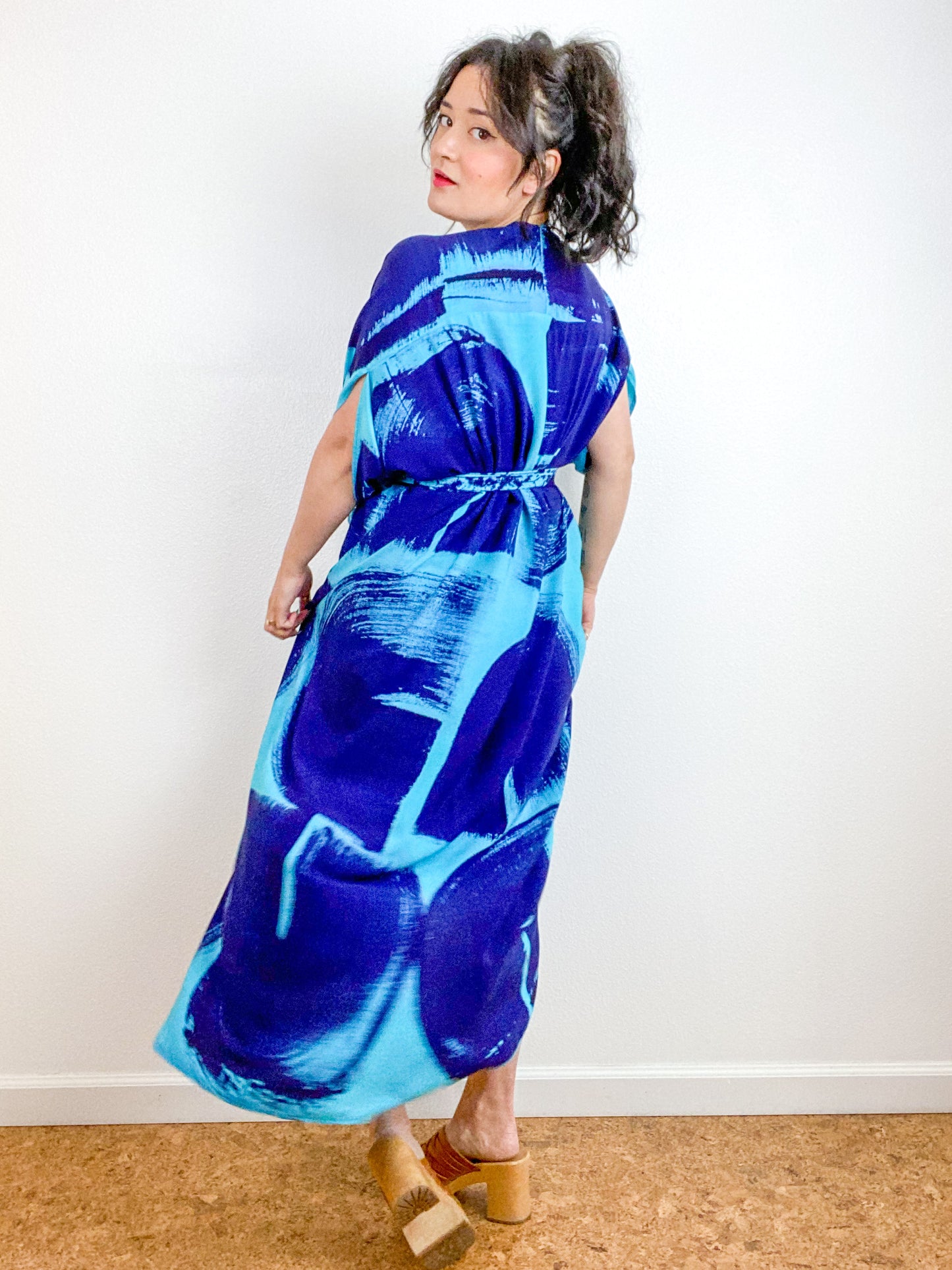 Hand-Dyed High Low Kimono Turquoise Royal Brushstroke