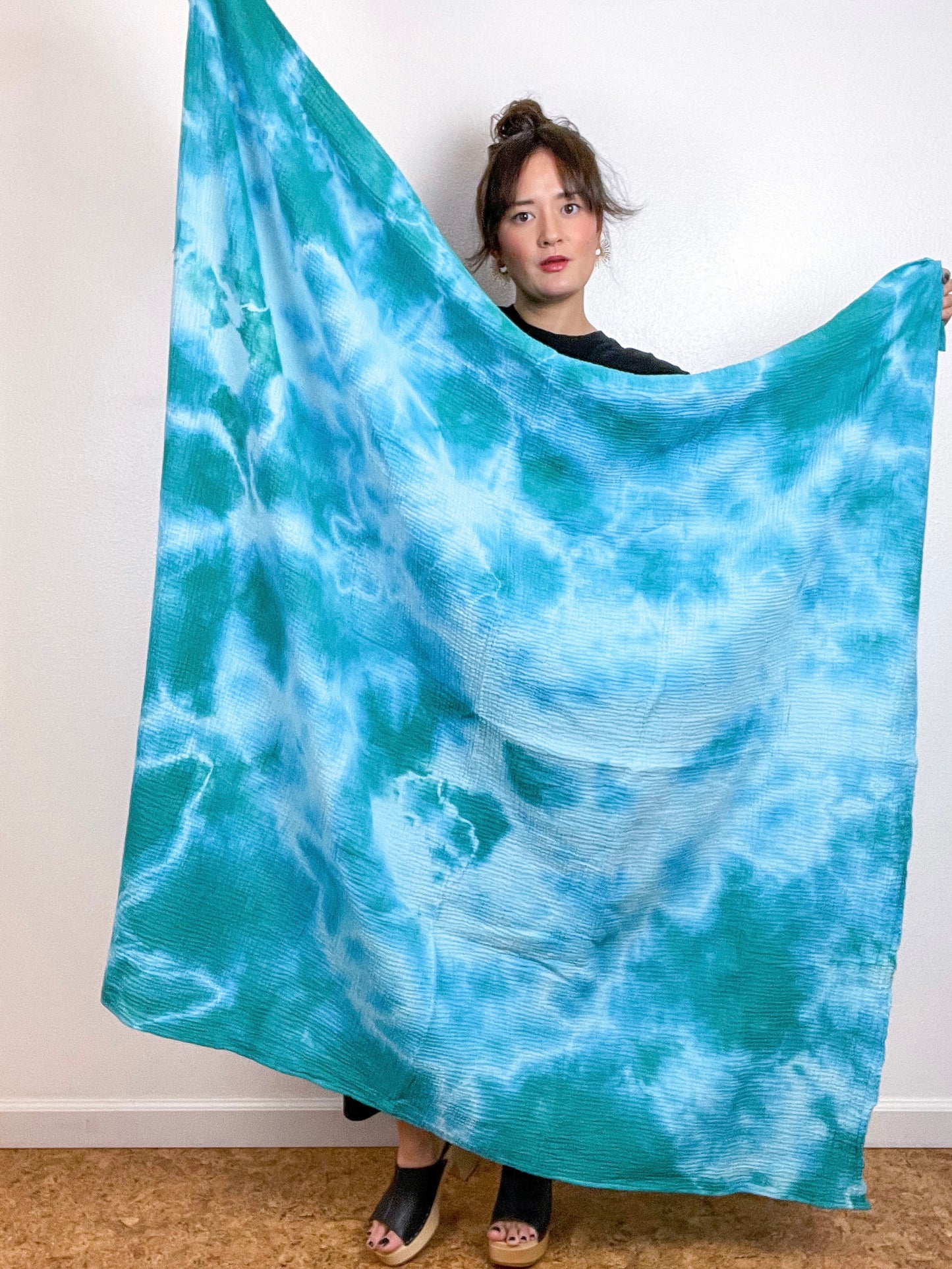 Hand-Dyed Double Gauze Blanket Scarf Aqua Tie