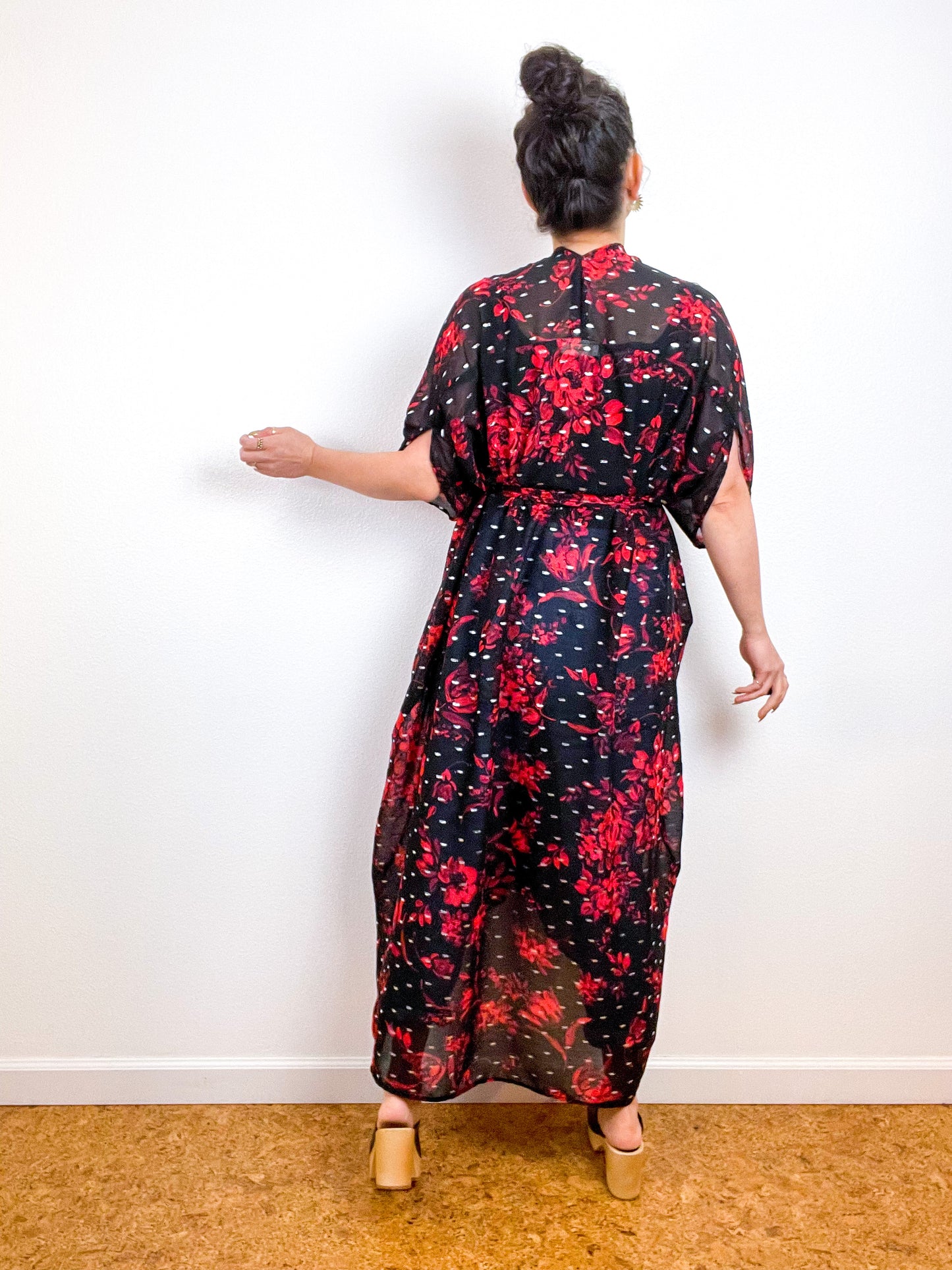 Print High Low Kimono Red Rose Silver Chiffon