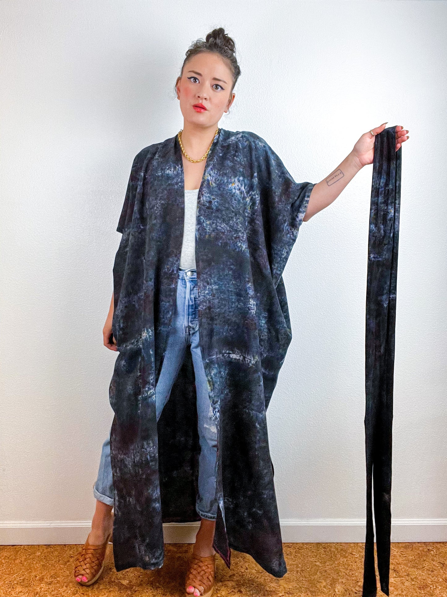 Single Gauze Duster Kimono Deconstructed Black