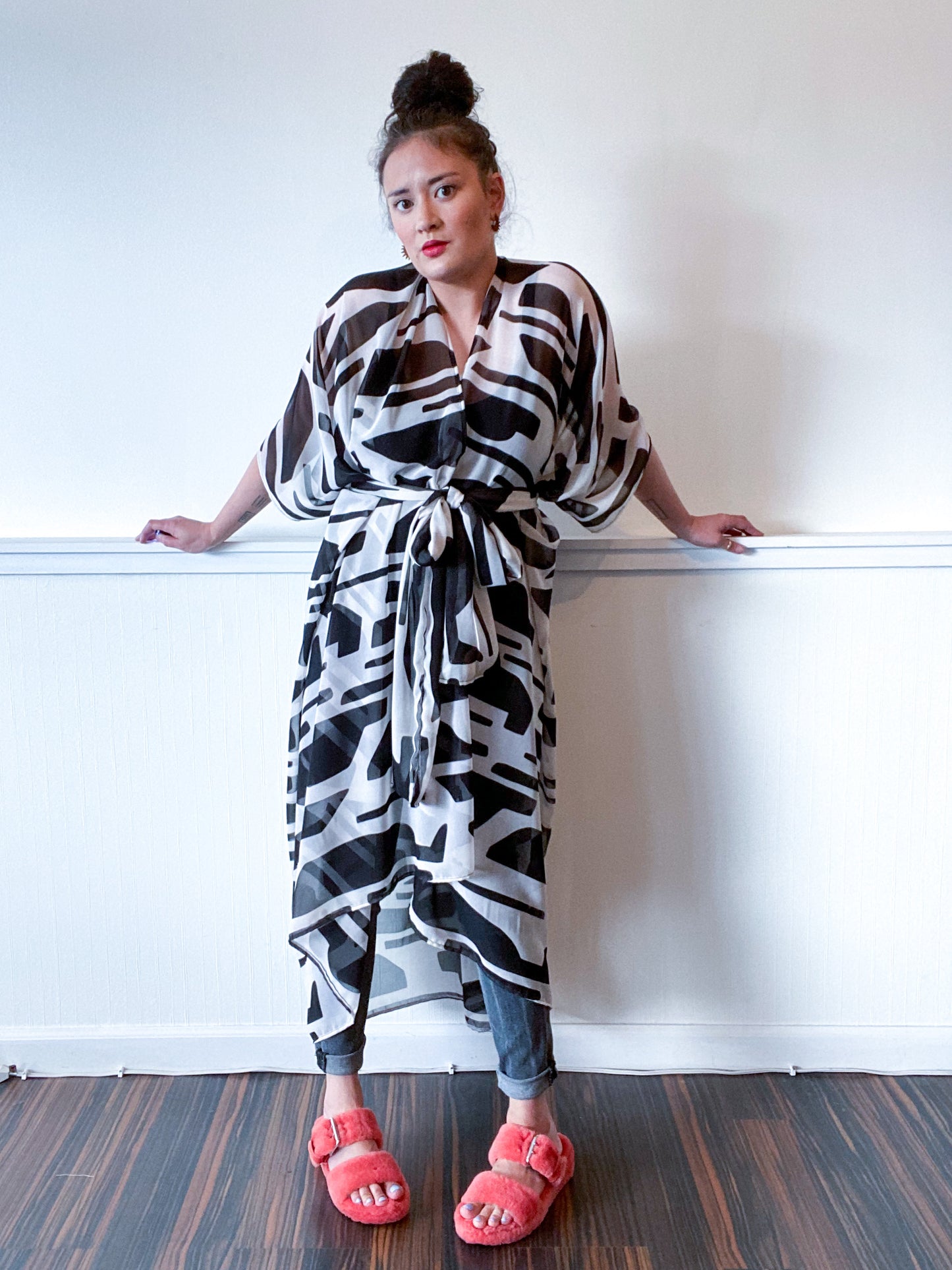 Print High Low Kimono Black White Abstract Chiffon