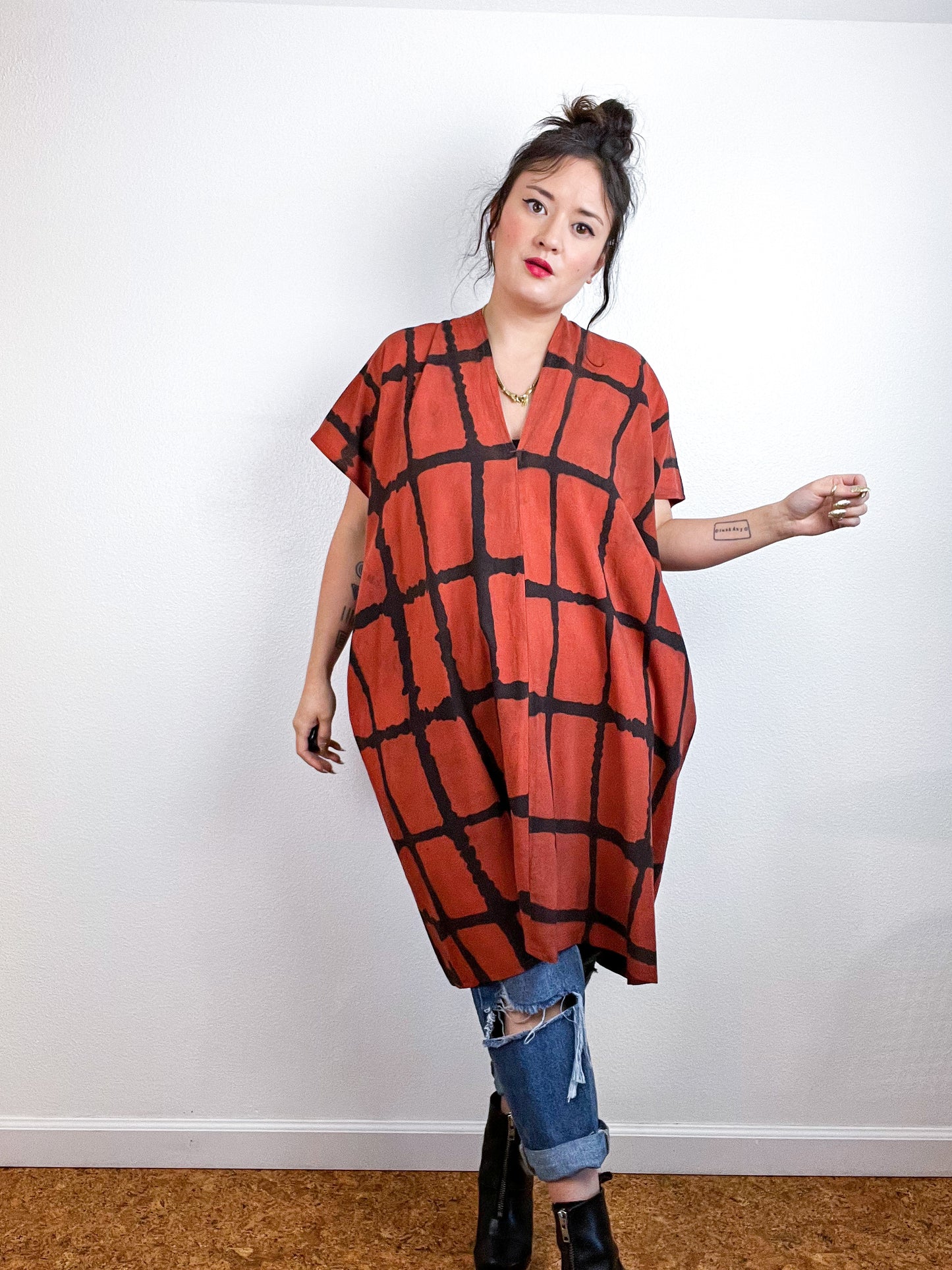 Hand-Dyed Mini Smock Dress Rust Black Windowpane