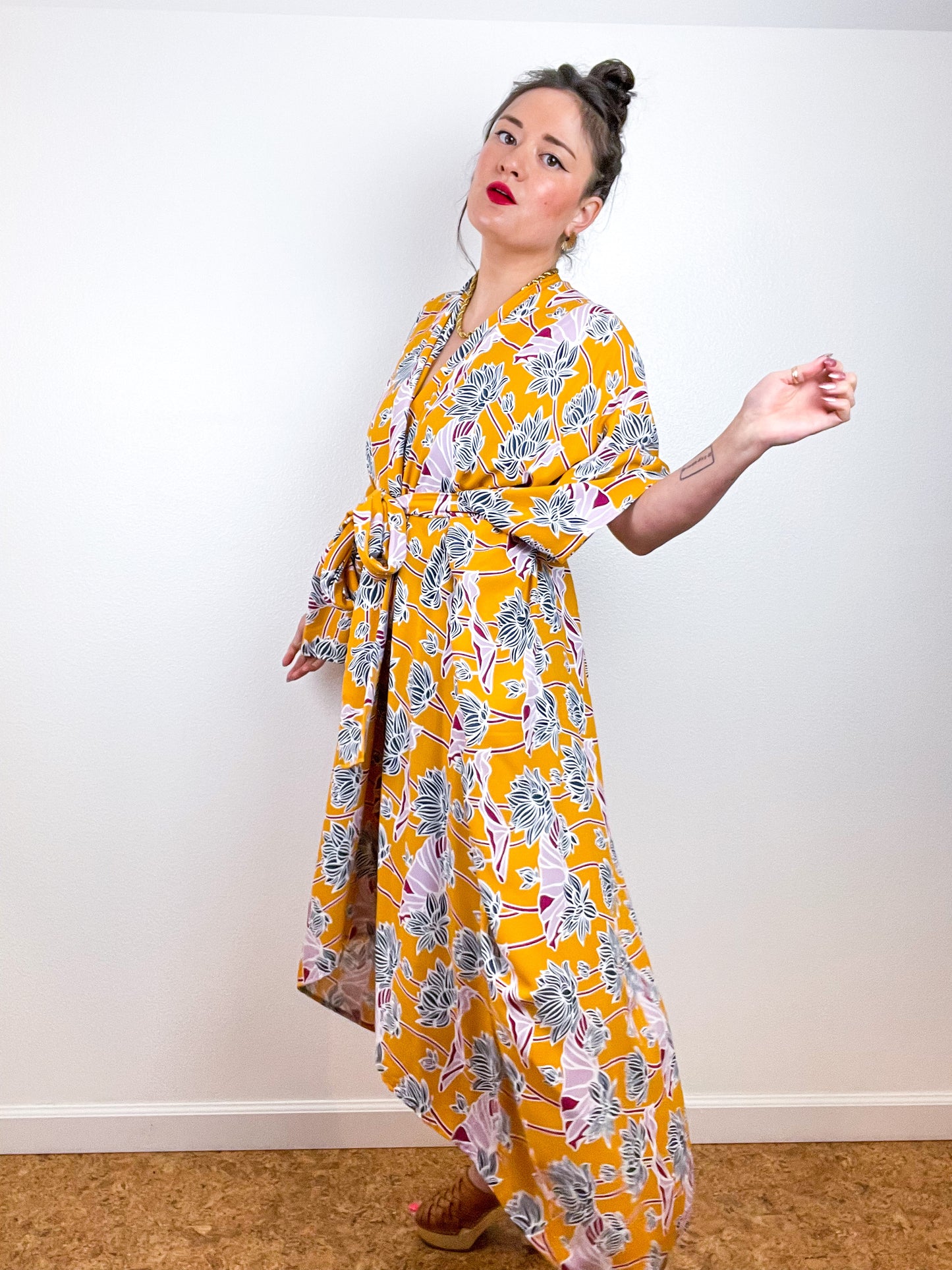 High Low Kimono Marigold Lotus Rayon Crepe