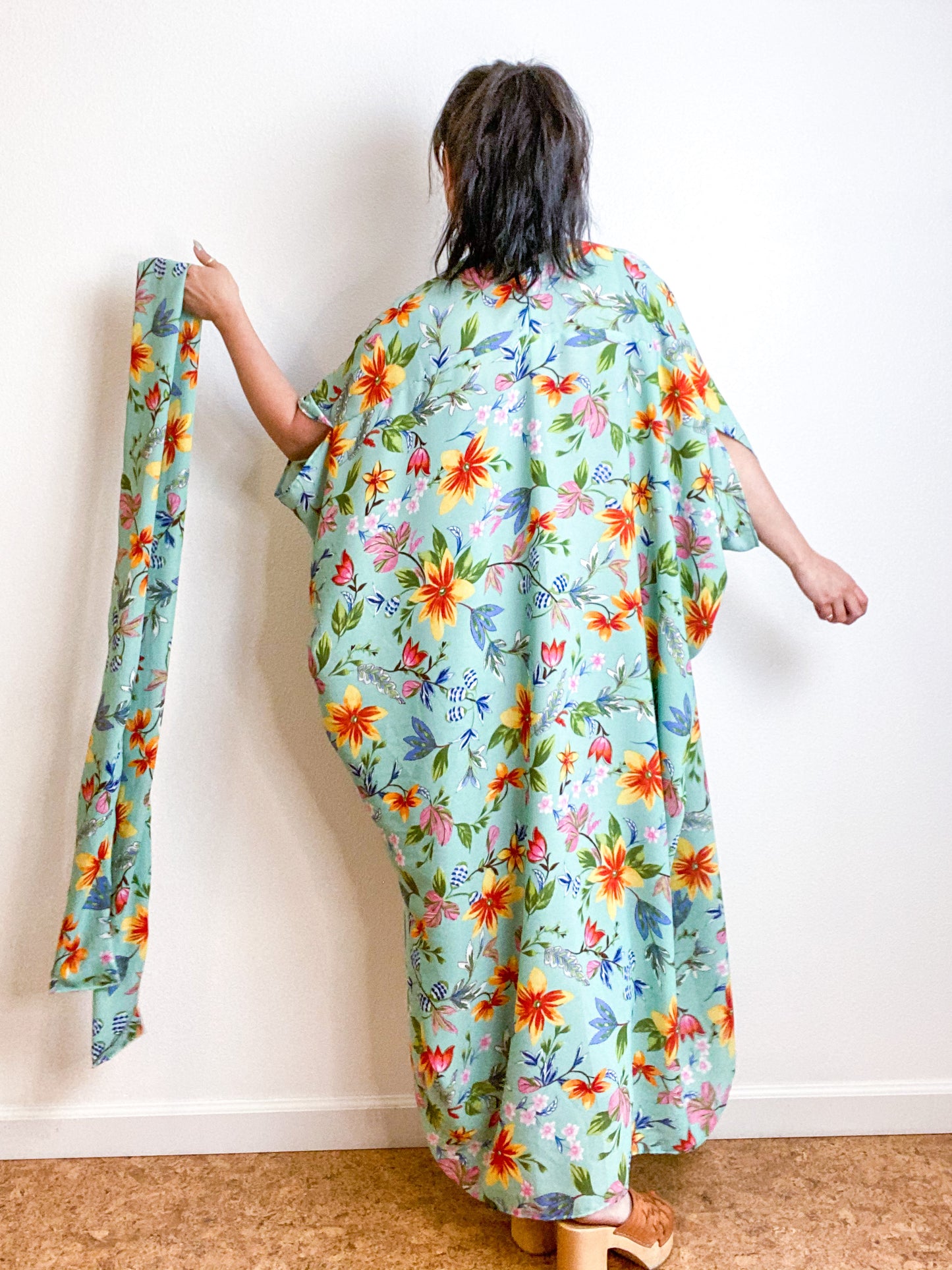 Print High Low Kimono Seafoam Floral Crepe