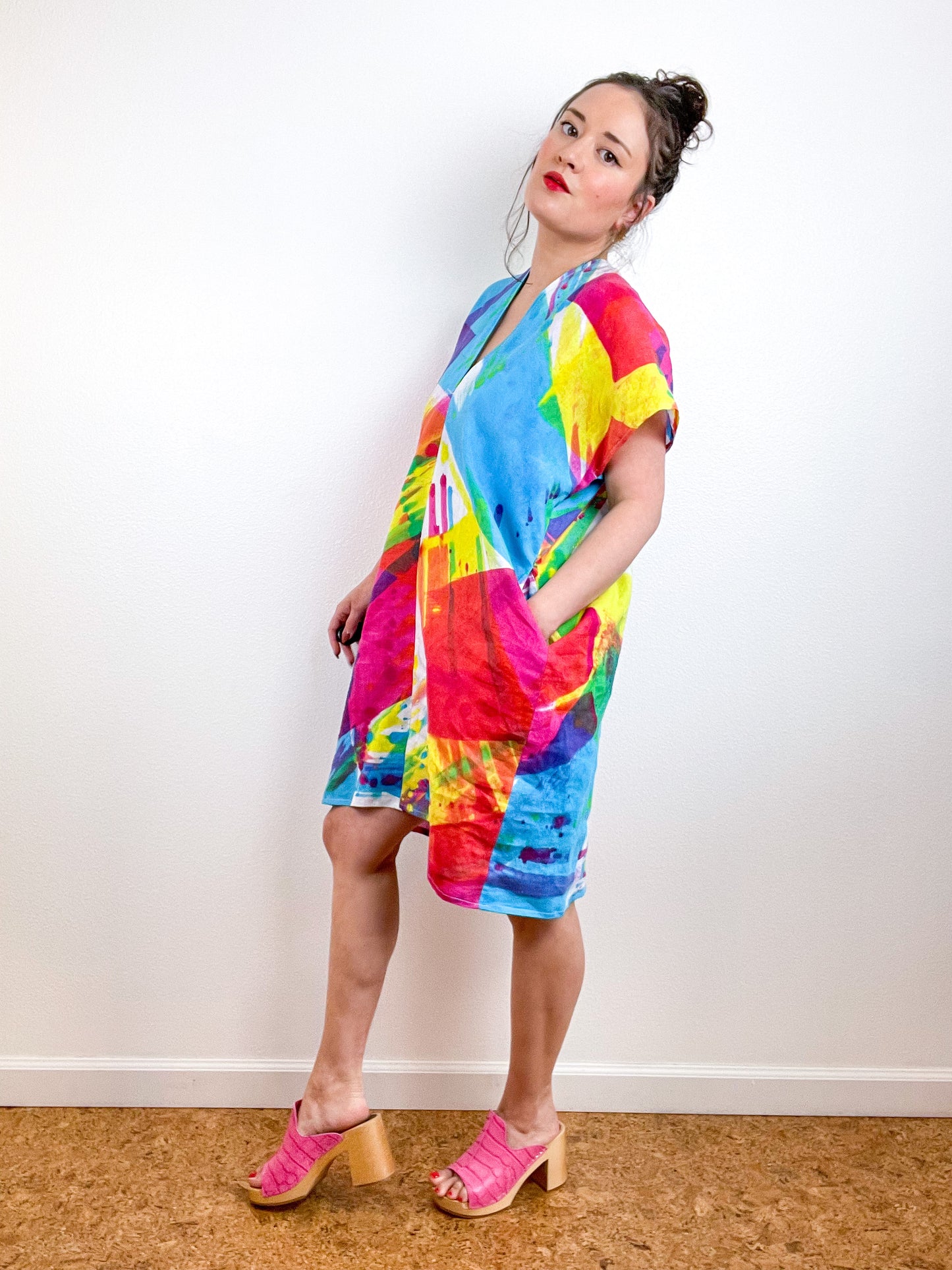 Hand-Dyed Linen Mini Smock Dress CMY Prism