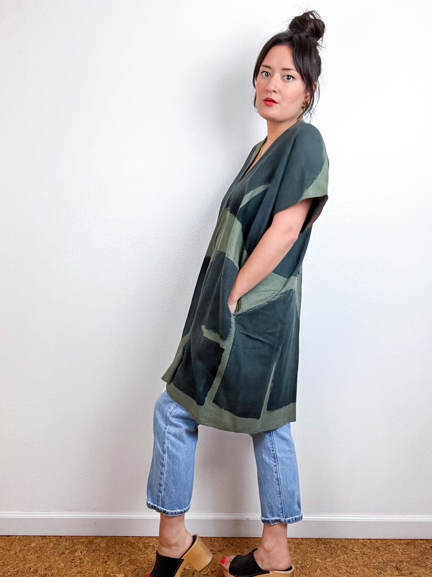 Hand-Dyed Mini Smock Dress Olive Black Brush