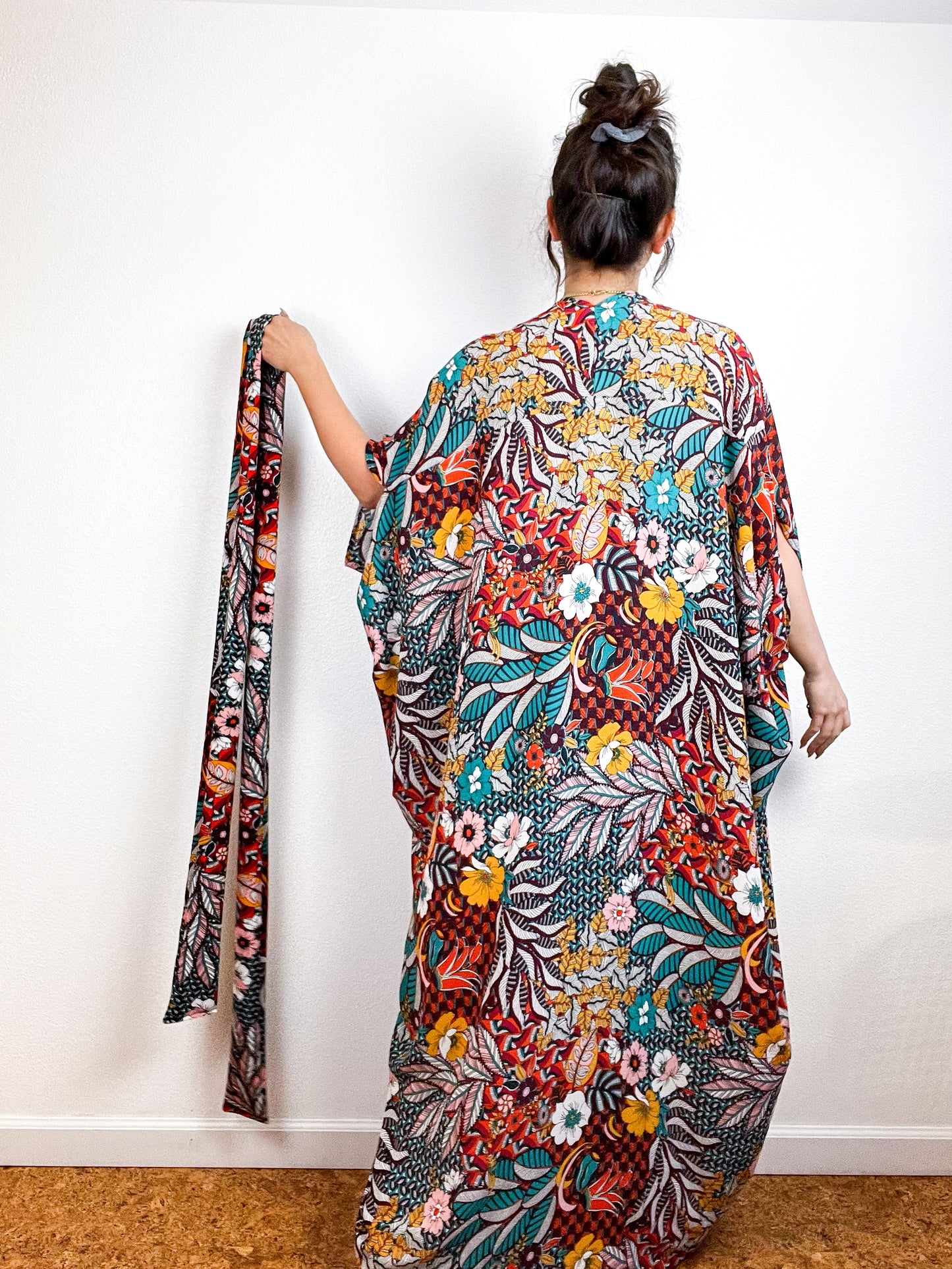 Print High Low Kimono Multicolor Floral Bubble Crepe
