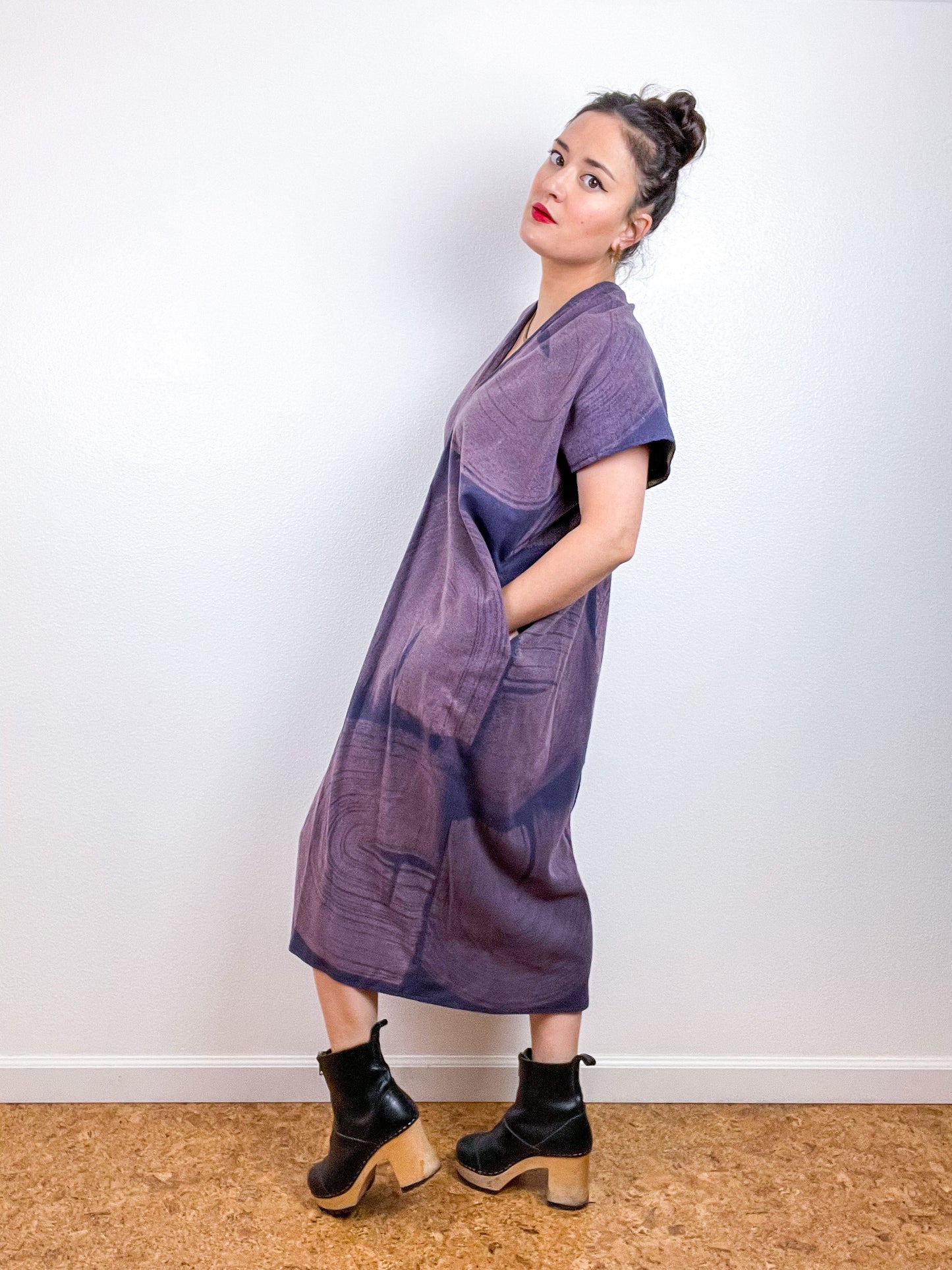 Bleached Flannel Smock Dress Mauve Brushstrokes