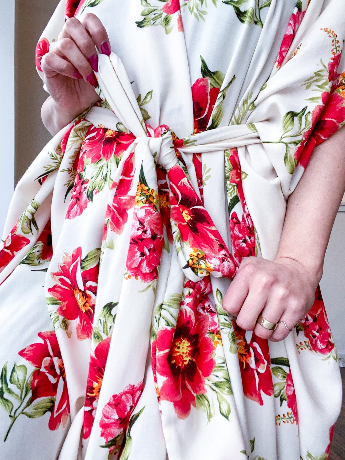 Print High Low Kimono Poinsettia Floral Rayon Challis