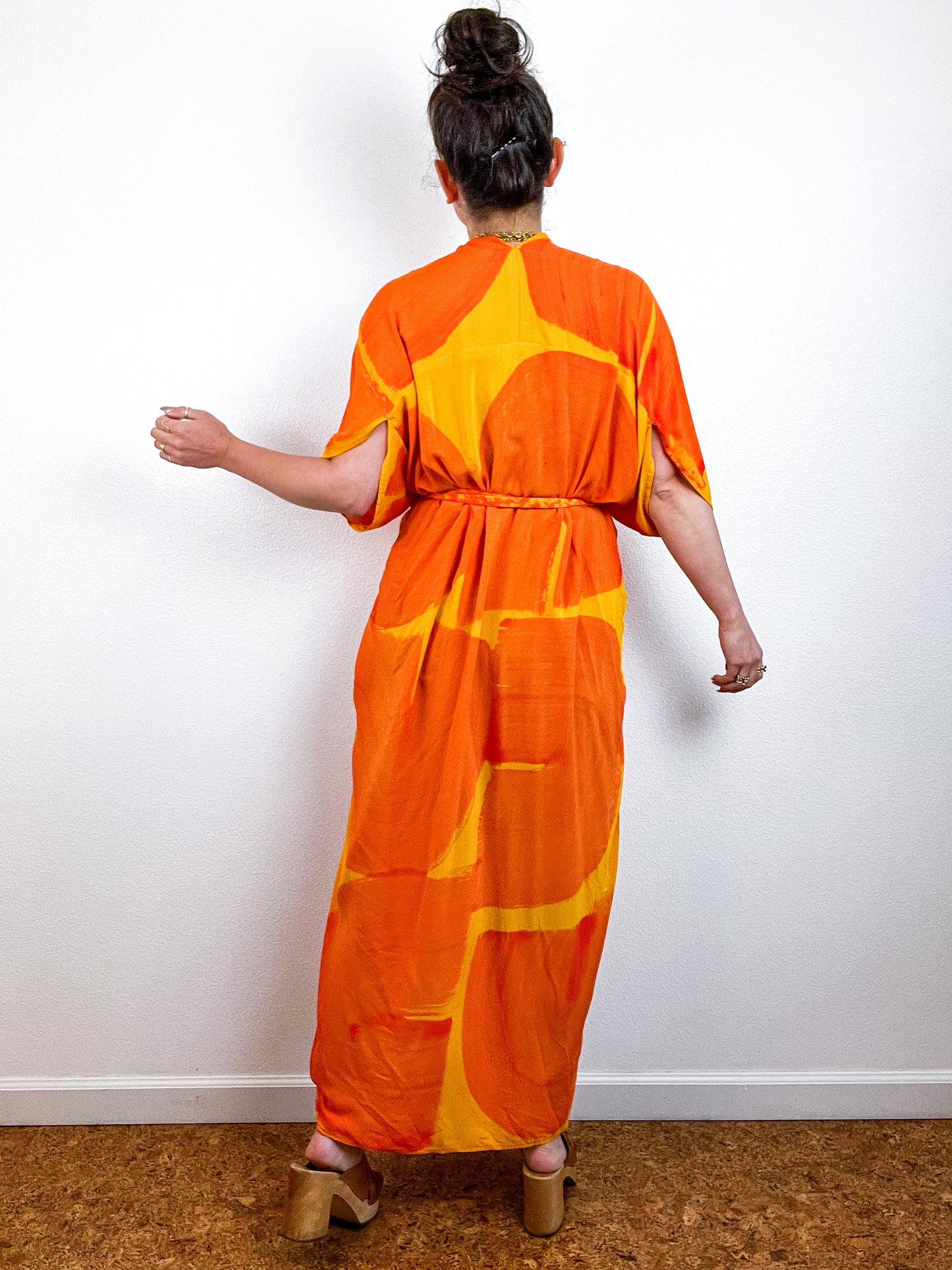 Hand-Dyed High Low Kimono Marigold Tangerine Brushstroke