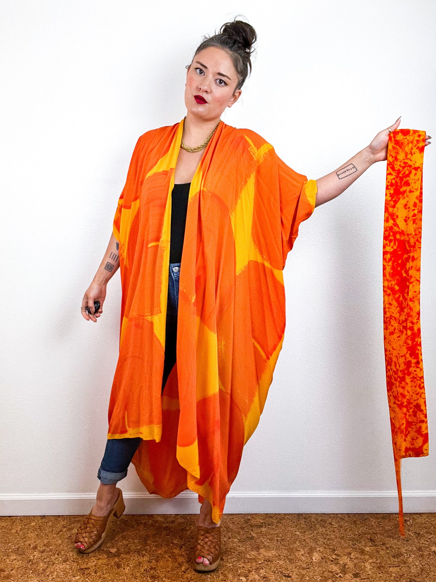 Hand-Dyed High Low Kimono Marigold Tangerine Brushstroke