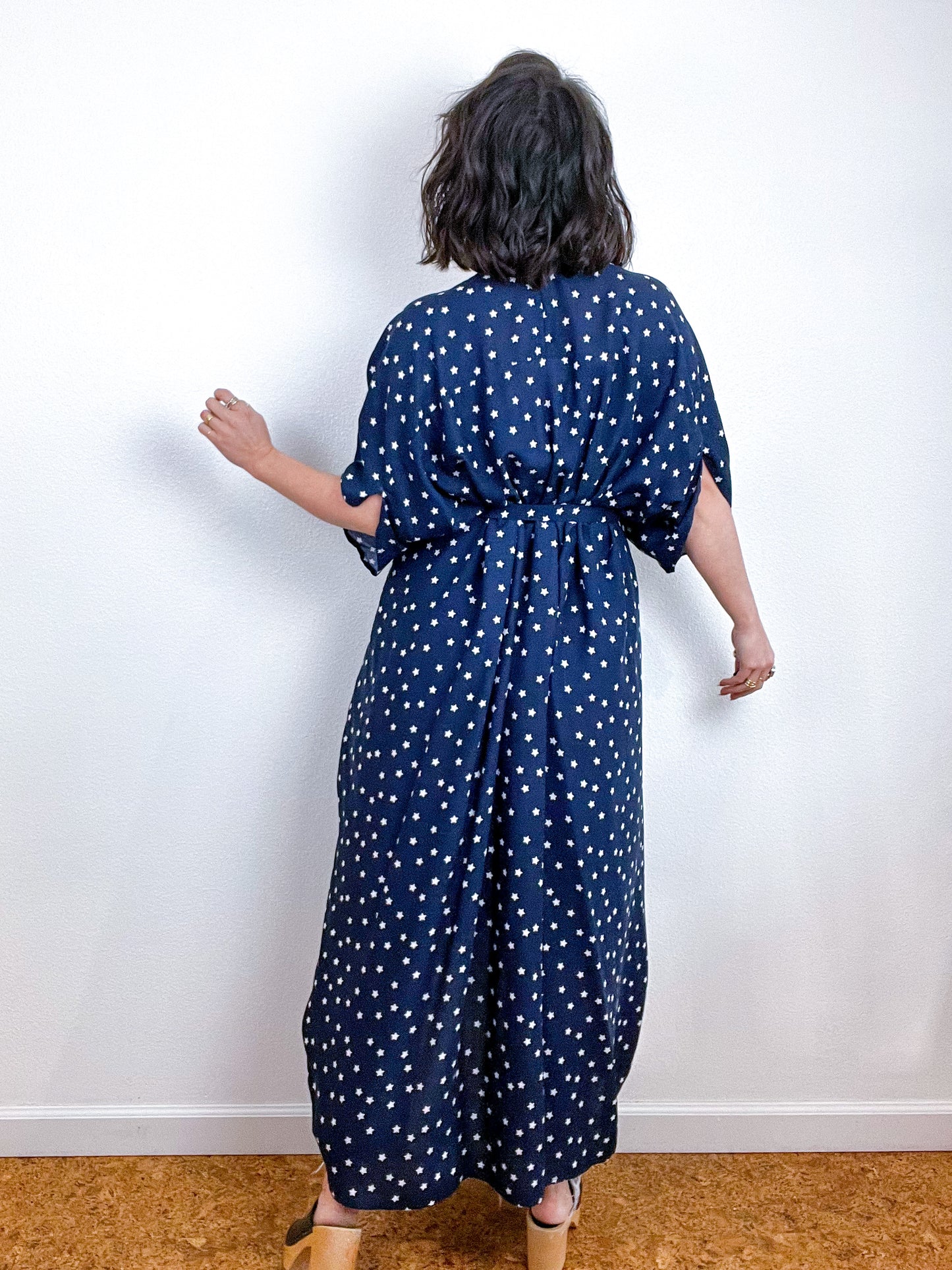Print High Low Kimono Navy Stars Challis