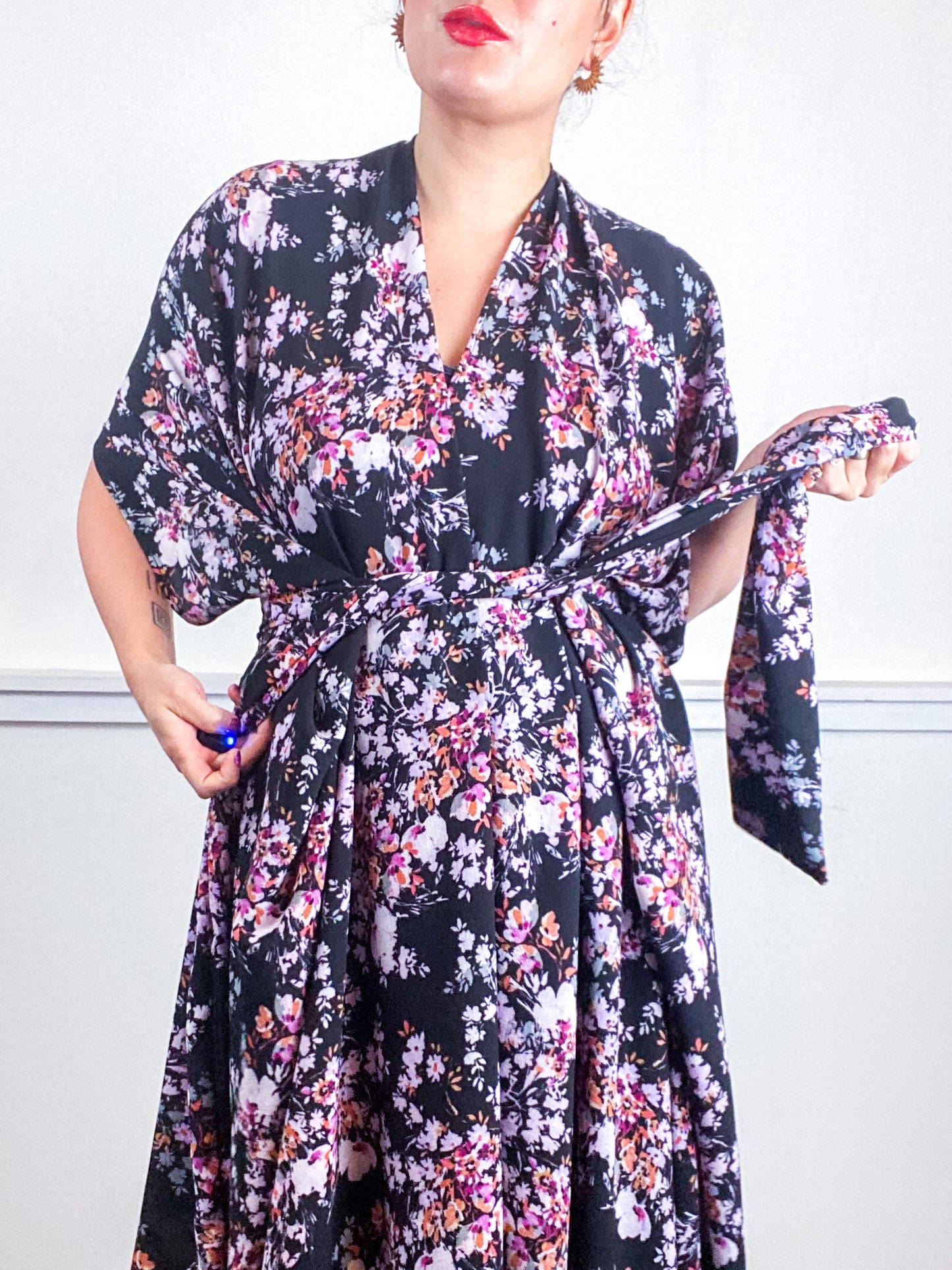 Print High Low Kimono Black Purple Wildflower Bubble Crepe
