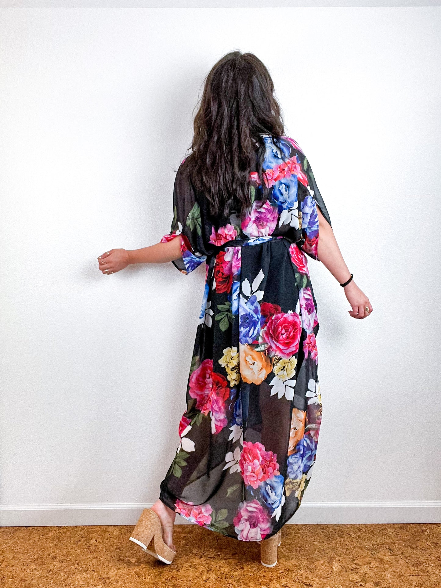 Print High Low Kimono Black Large Bouquet Floral Chiffon