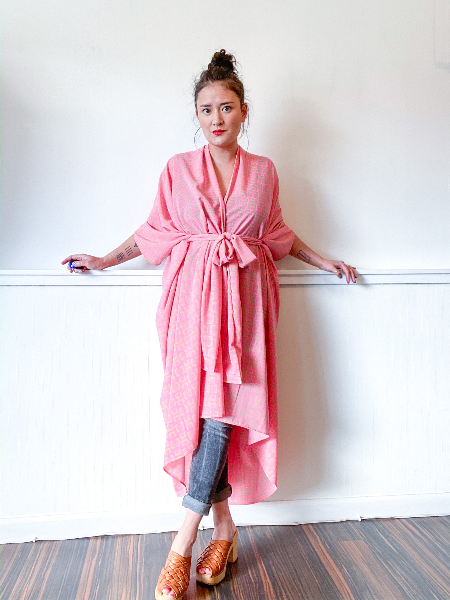 Print High Low Kimono Peach Tan Mid Century Mod