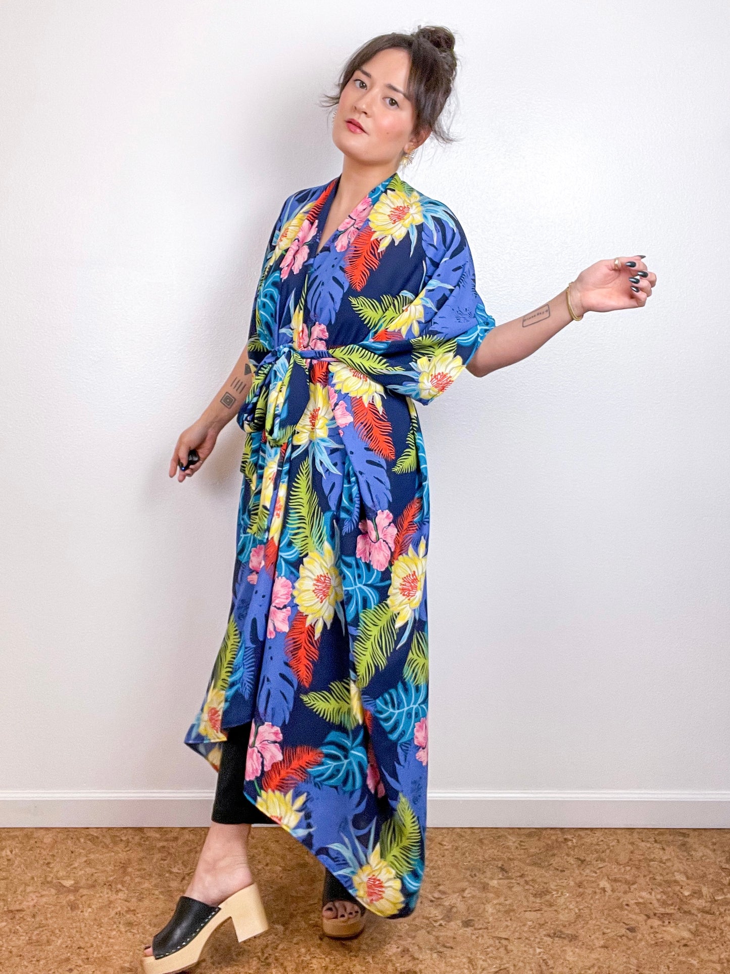 Print High Low Kimono Blue Tropical Crepe