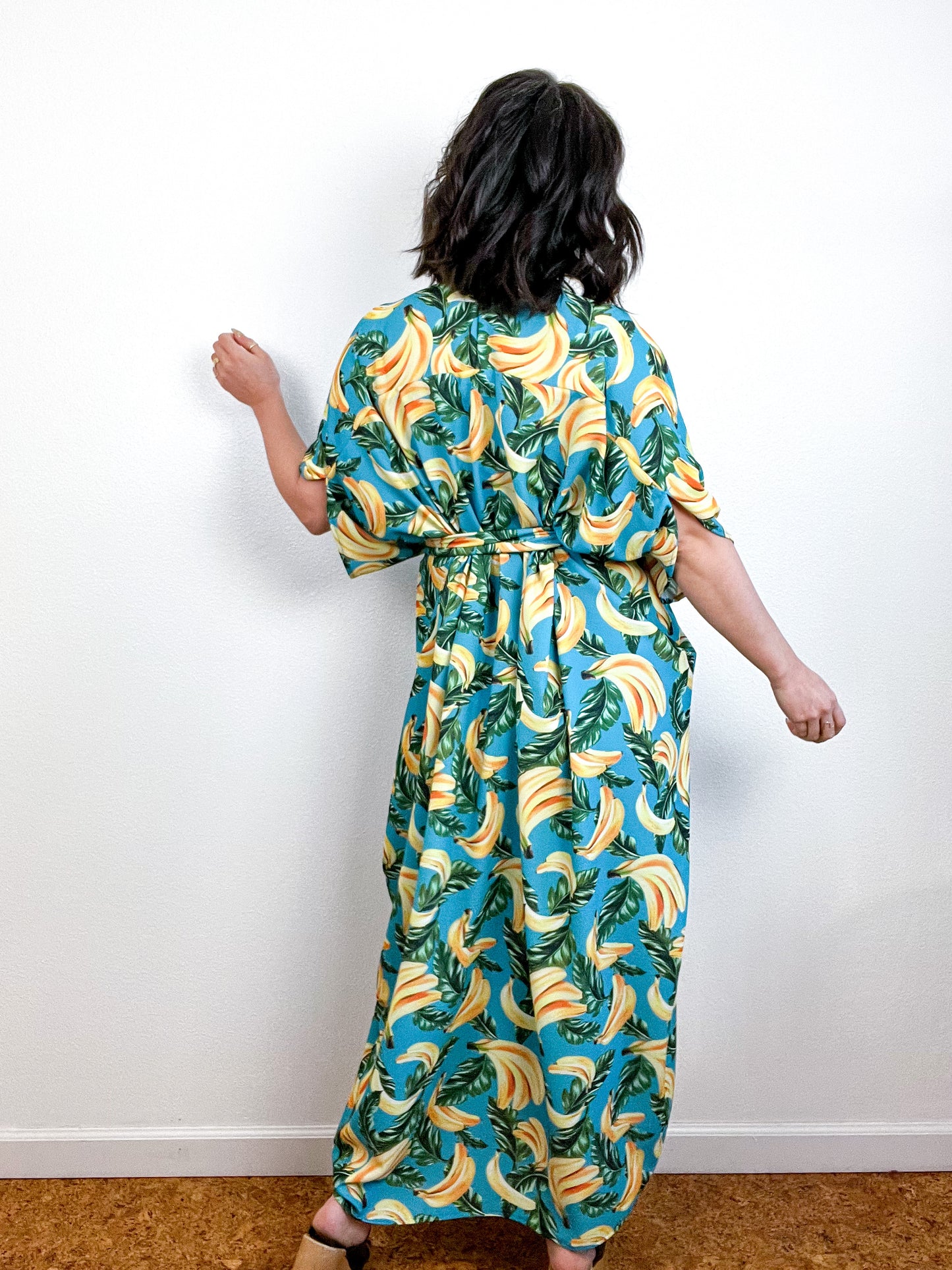 Print High Low Kimono Bananas Bubble Crepe