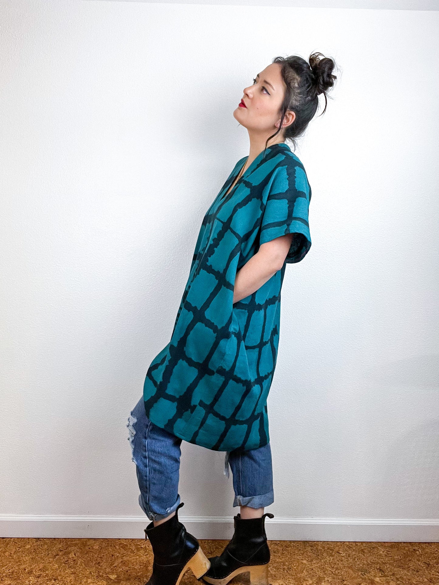 Hand-Dyed Mini Smock Dress Teal Black Windowpane