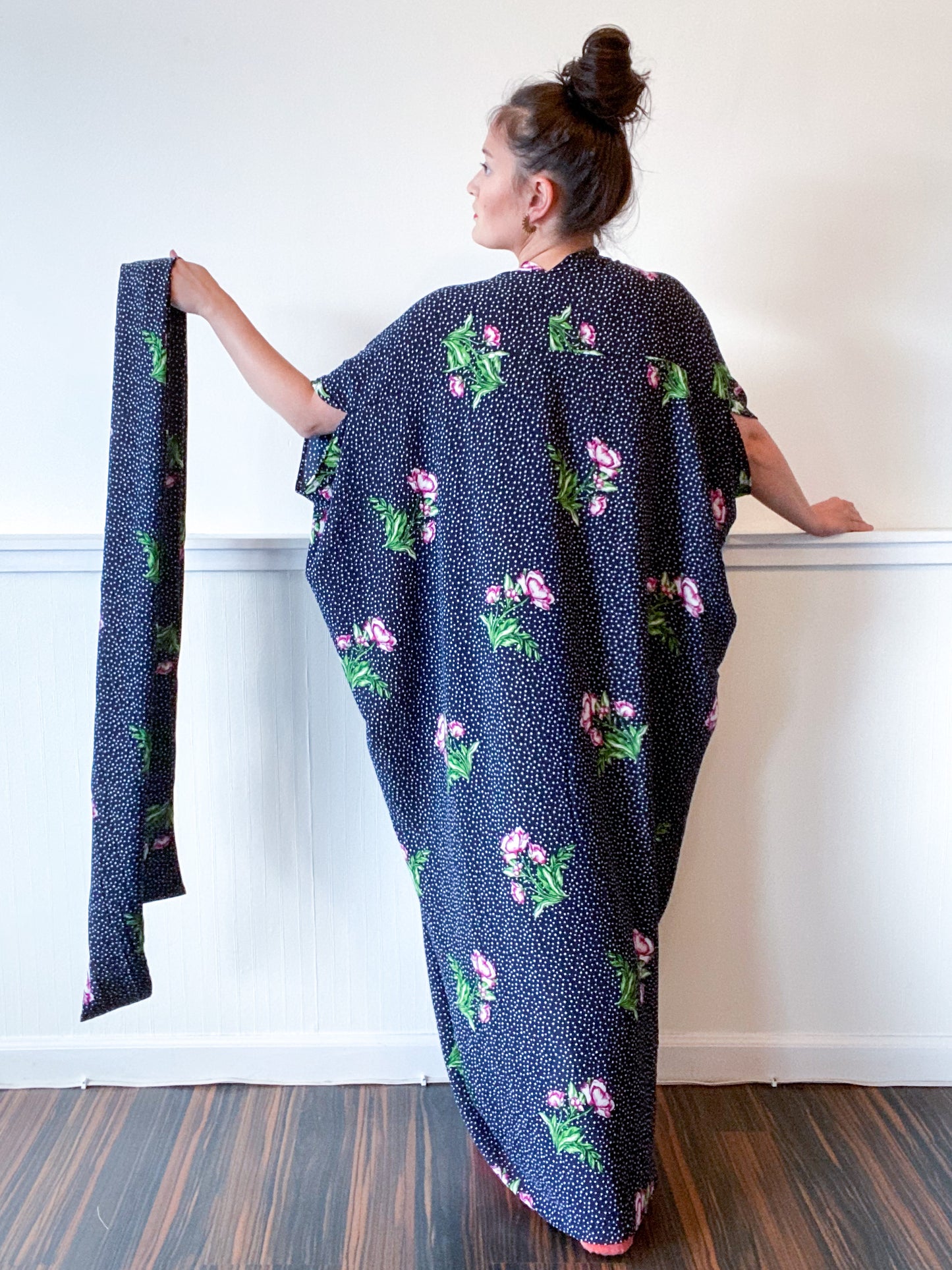 Print High Low Kimono Navy Dots and Floral Bubble Crepe