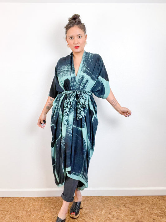Hand-Dyed High Low Kimono Aqua Black Brushstroke