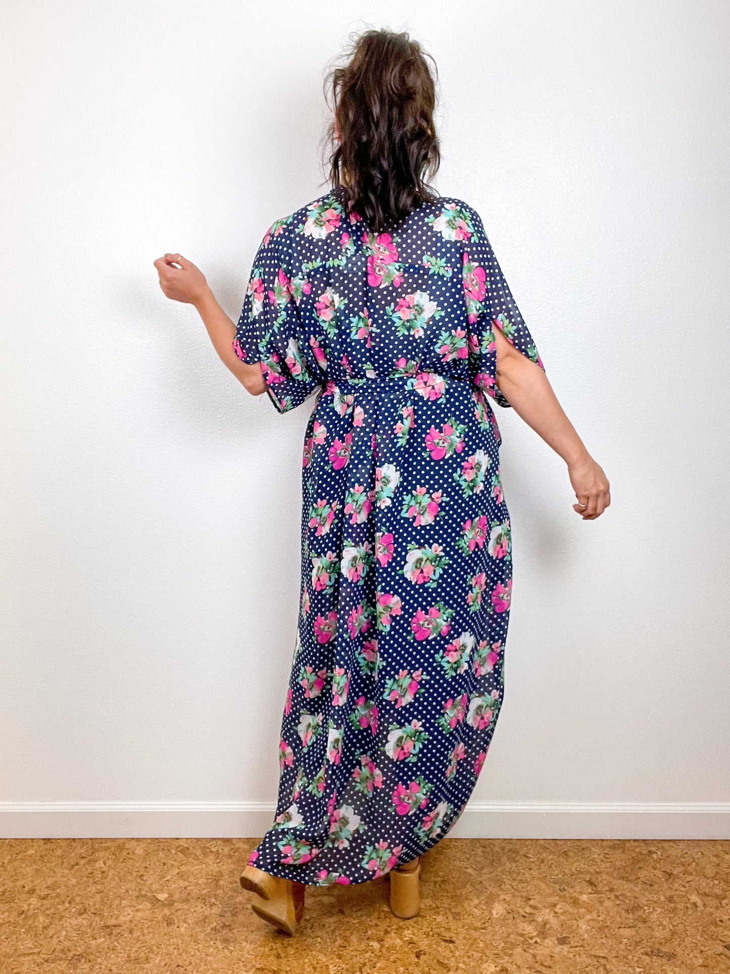 Print High Low Kimono Navy Floral Dots Chiffon