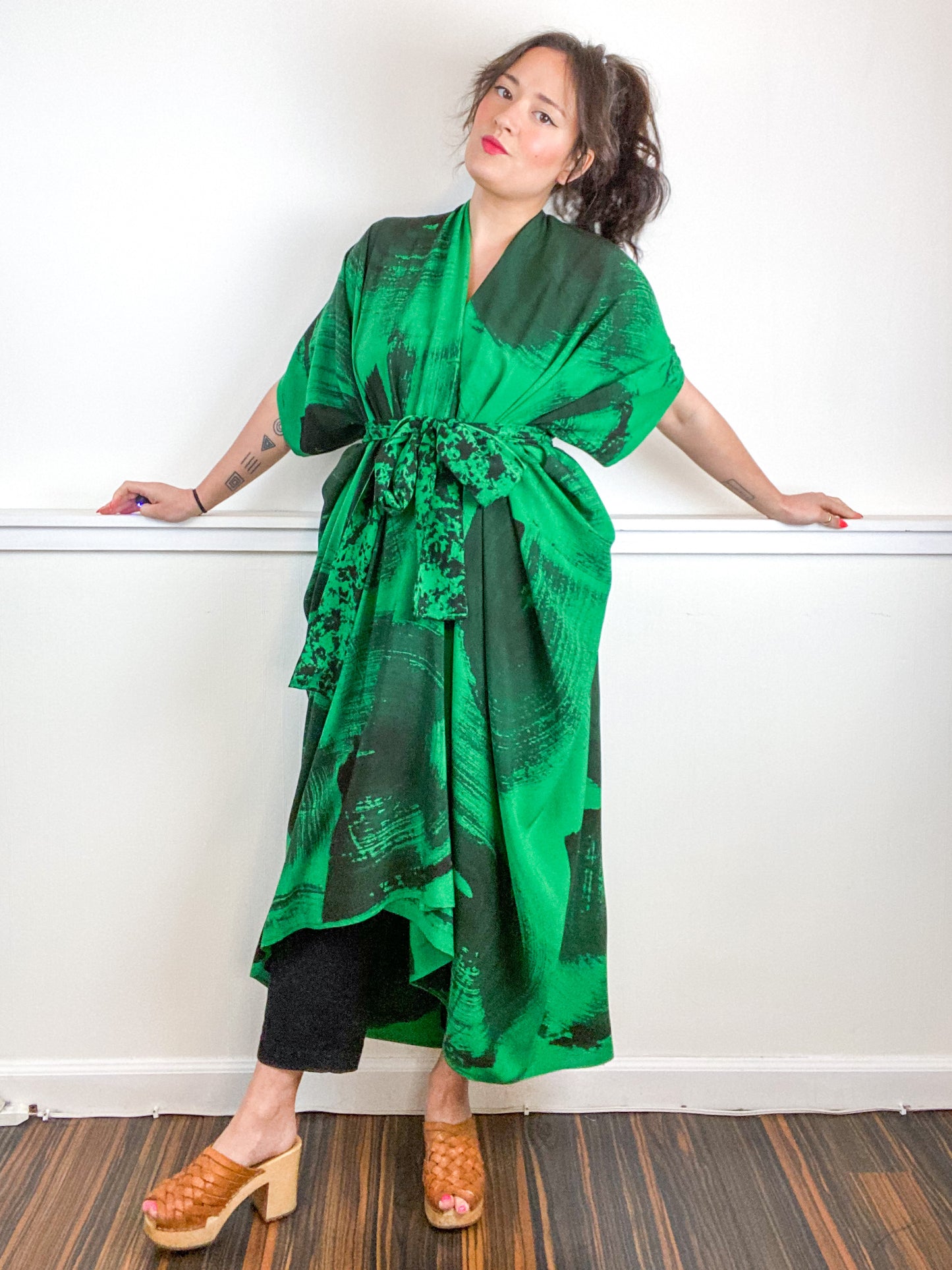 Hand-Dyed High Low Kimono Green Black Brushstroke