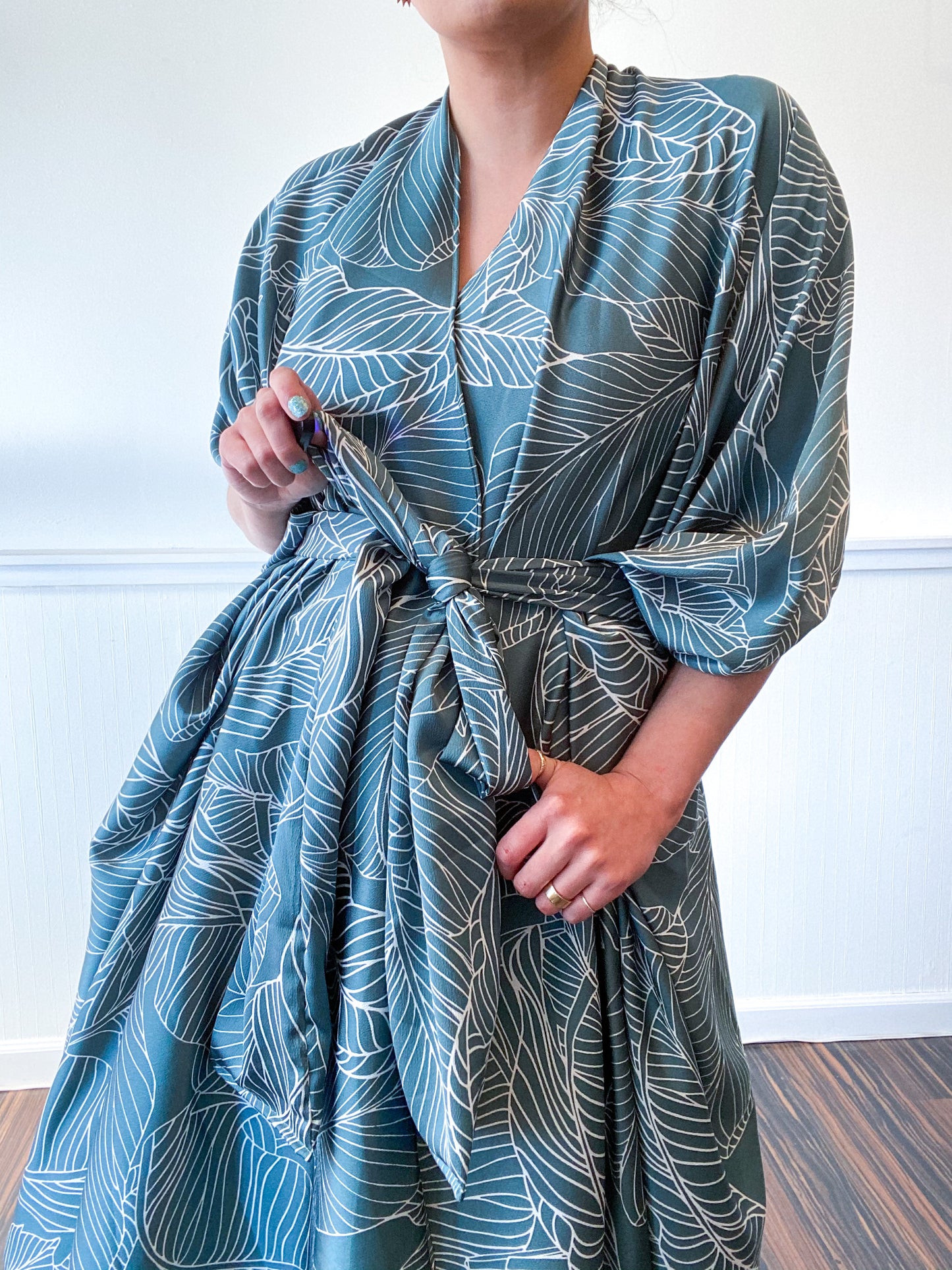 Print High Low Kimono Sage Leaf Charmeuse