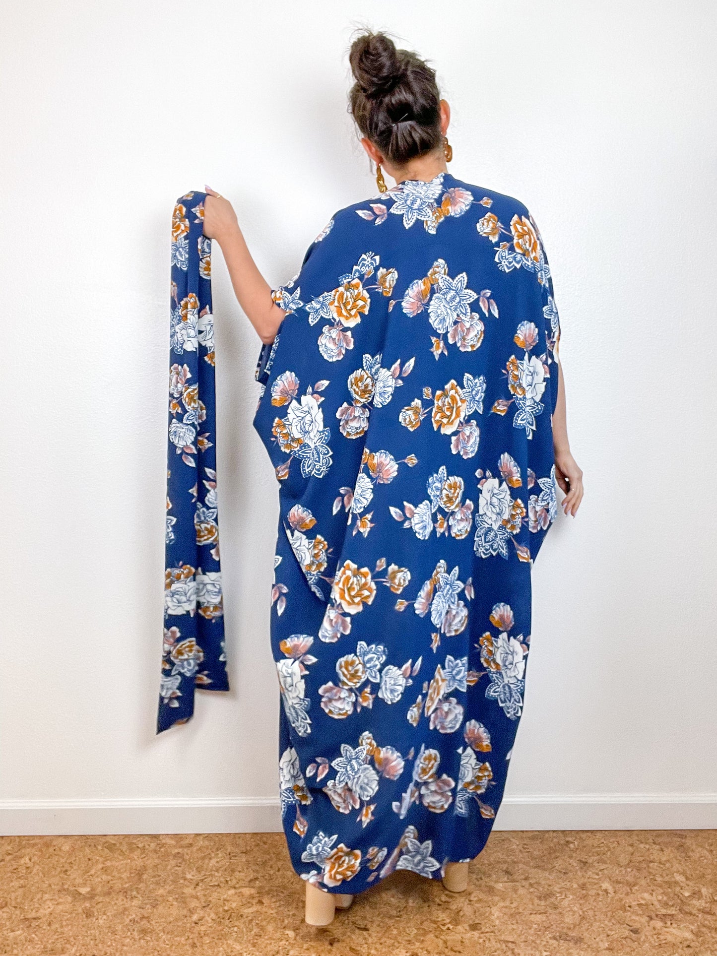 Print High Low Kimono Navy Fall Floral Bubble Crepe