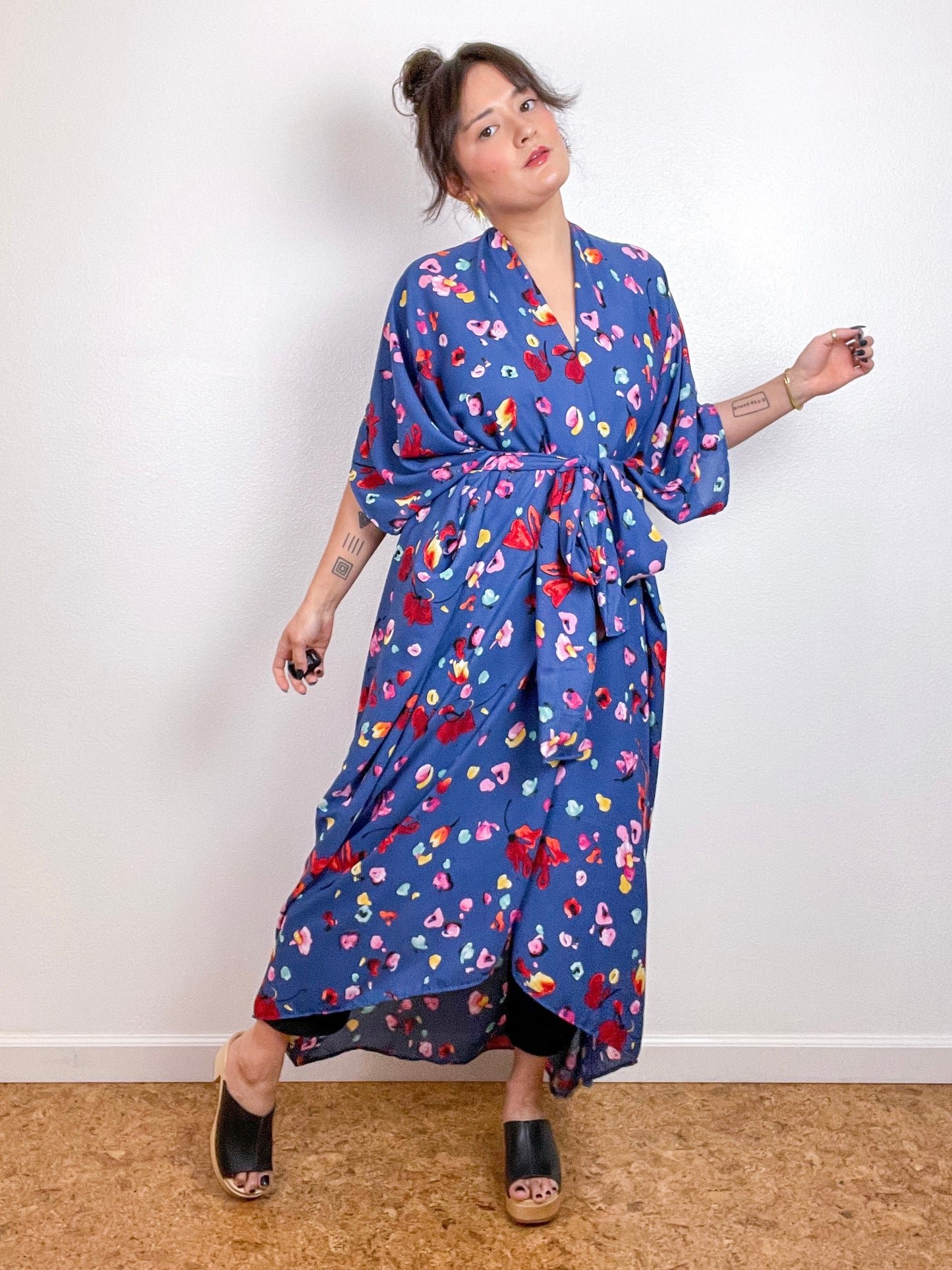 Print High Low Kimono Blue Petals Crepe