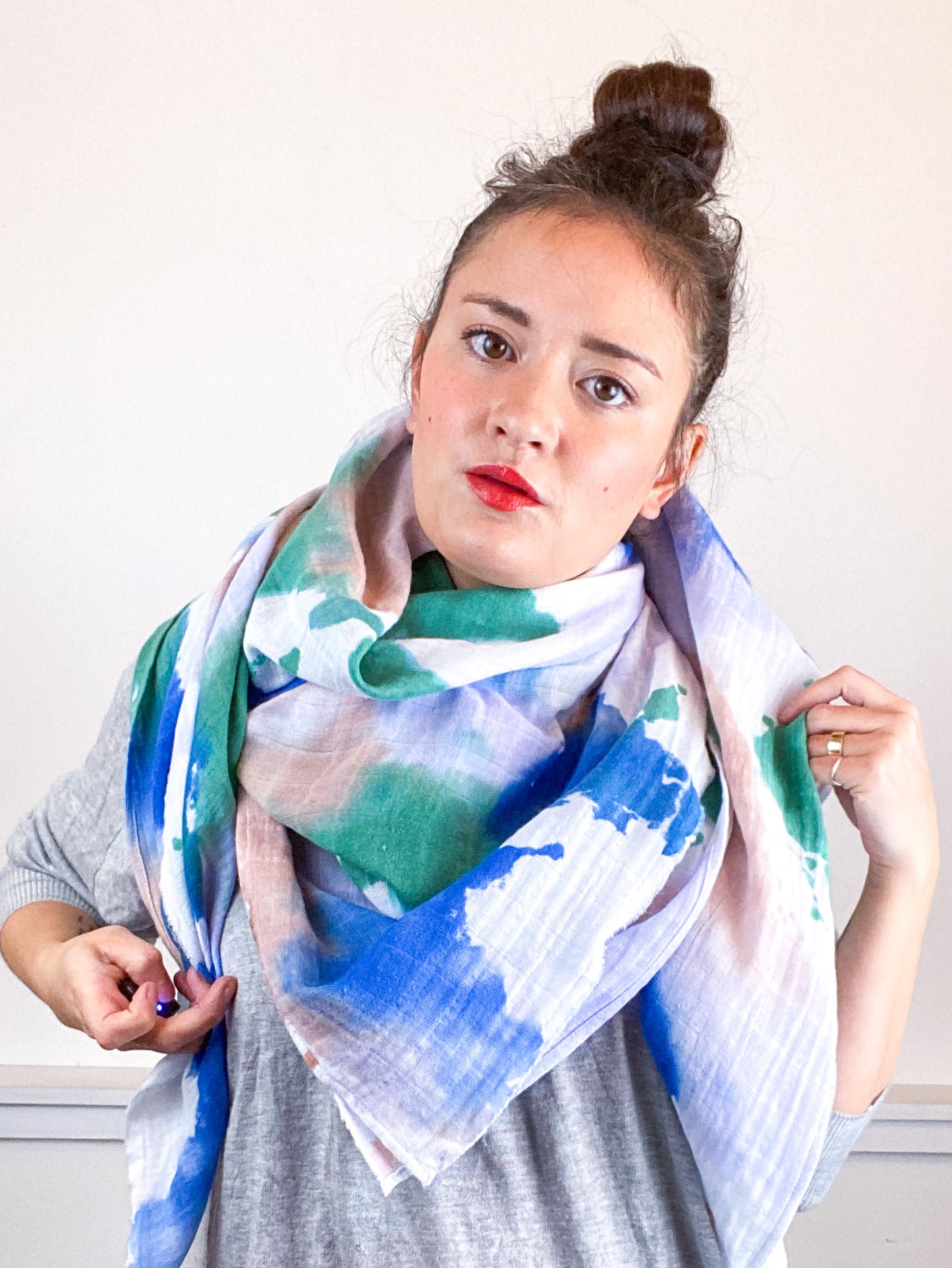 Hand-Dyed Large Square Scarf Wisteria Sky Pink Sea