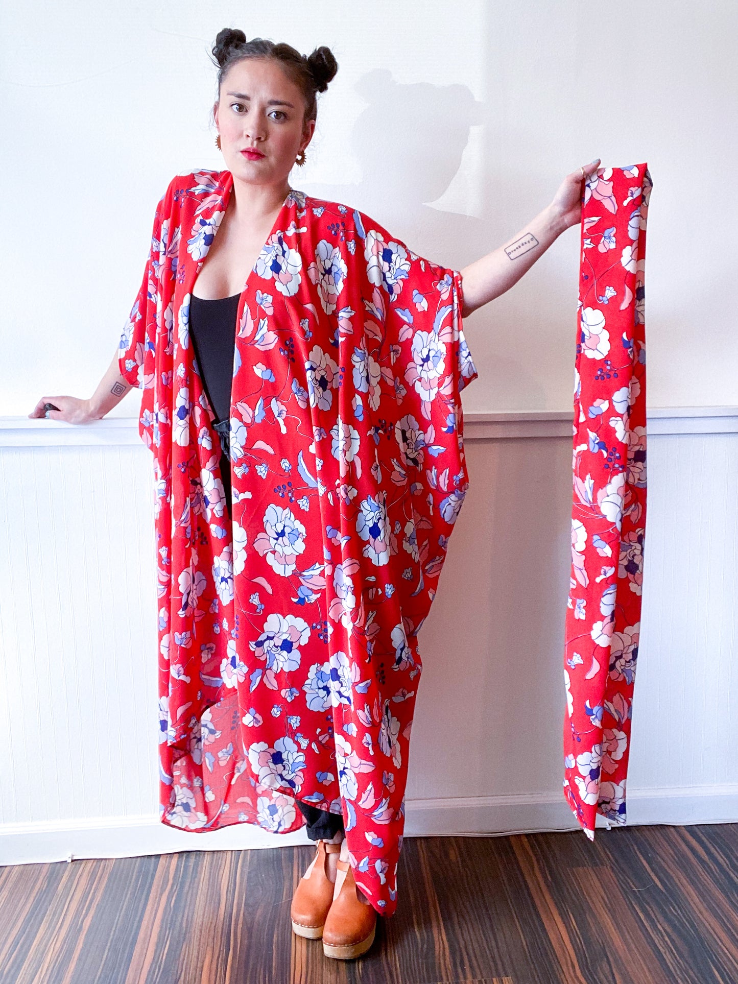 Print High Low Kimono Red Floral Georgette