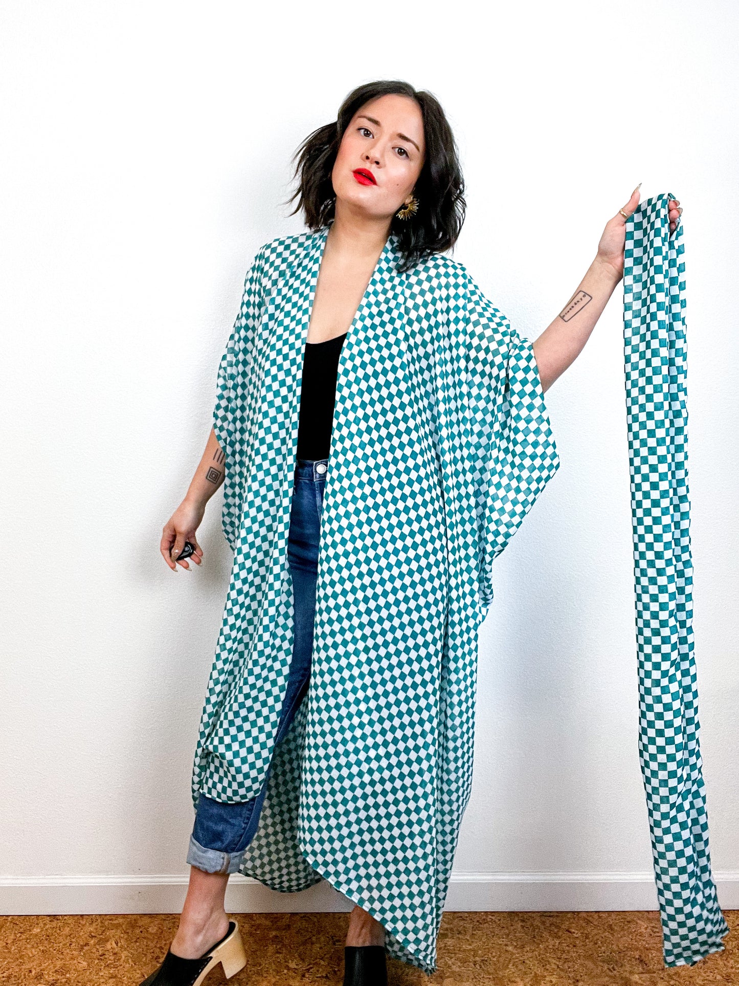 Print High Low Kimono Green Checker Chiffon