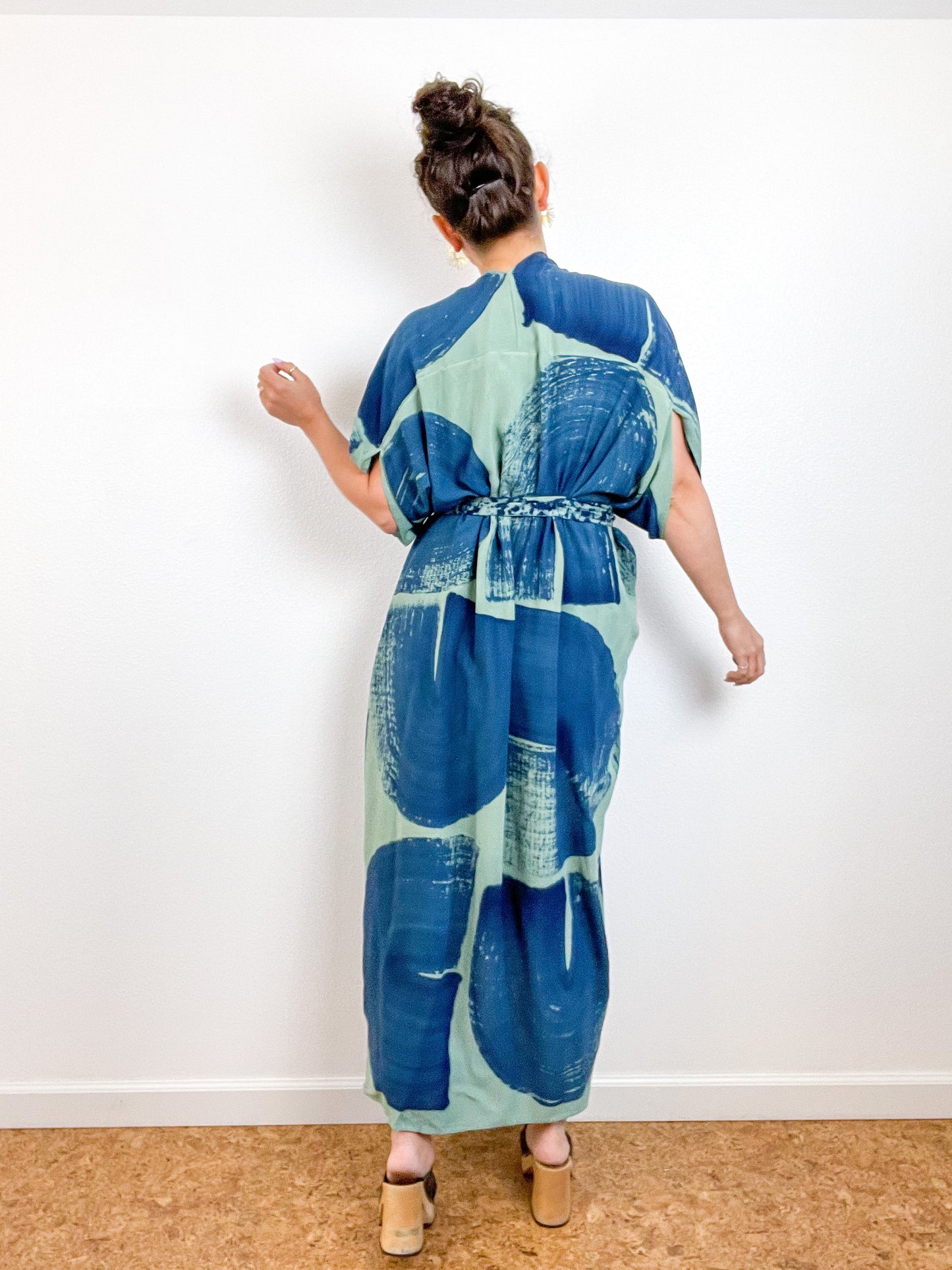 Hand-Dyed High Low Kimono Sage Indigo Brushstroke